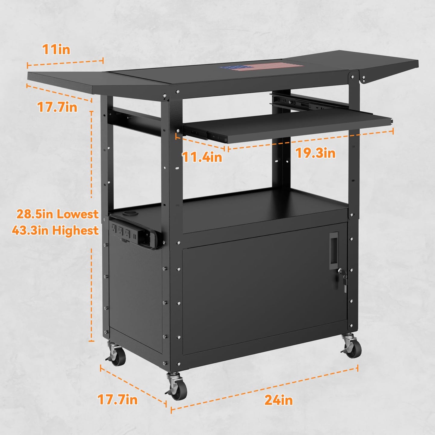 Mobile AV Cart with Drop Leaves & Adjustable Height, Rolling Computer Cart with Pullout Keyboard Tray – Locking Cabinet, 3 Outlets&2 USB Ports, Lock Brake Casters, Utility Cart for Office/Classroom