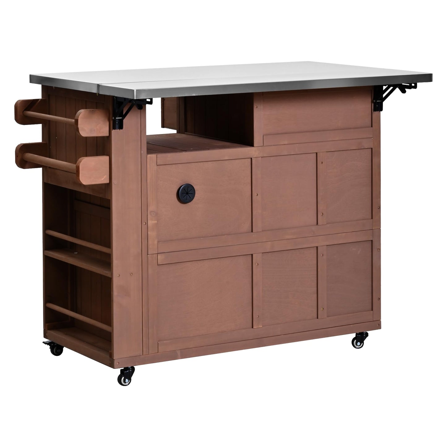 GDFStudio Winford Patio Kitchen Island Cart with Extendable Top, Wooden Outdoor Storage Cabinet with Stainless Steel BBQ Prep Table Top, Drawers, Spice Rack and Lockable Wheels, Potting Bench, Brown