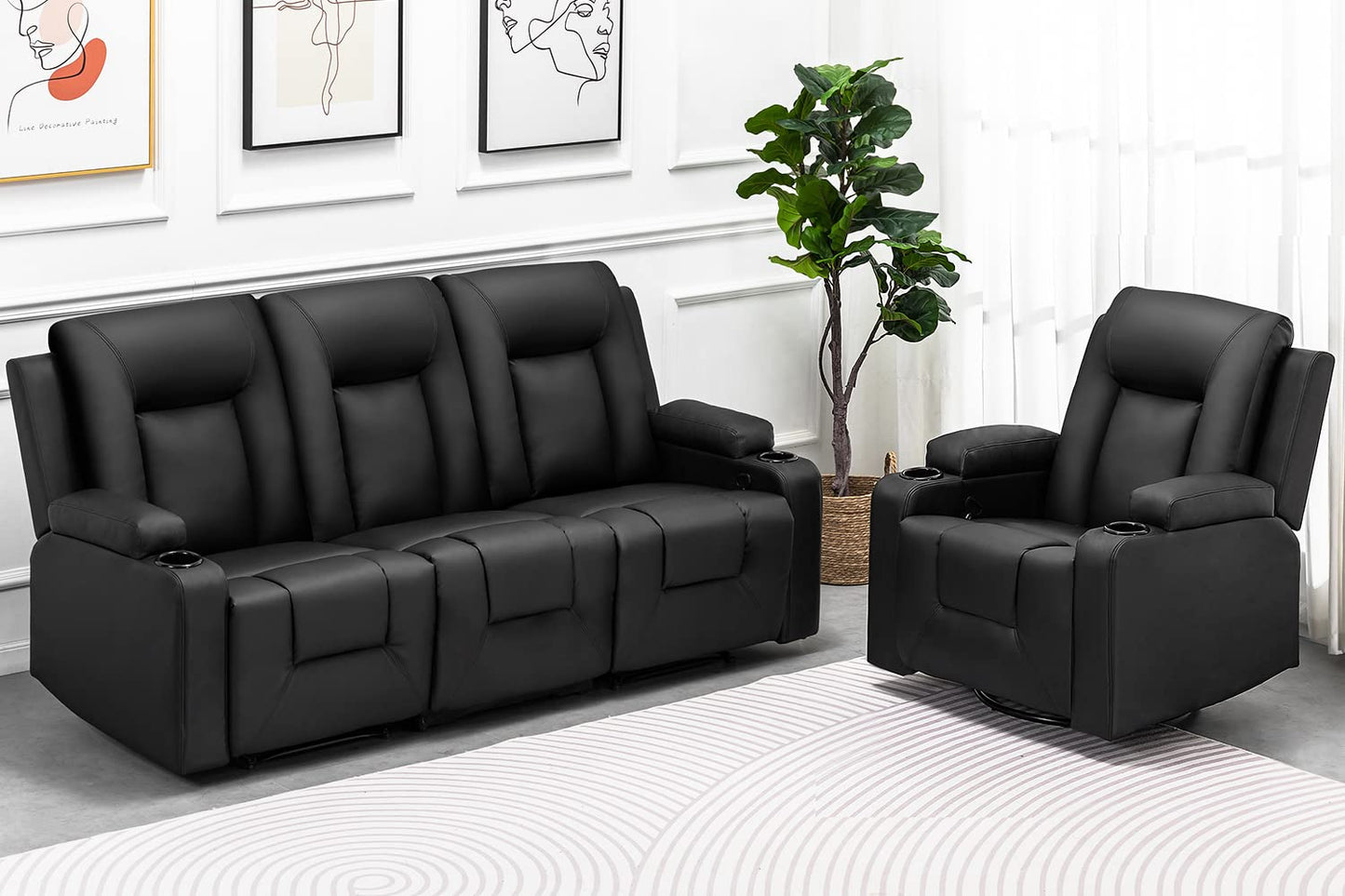 COMHOMA Recliner Chair Set, Leather Recliner Living Room Furniture Sets, Recliner Sofa Loveseat (Black,Living Room Set 3+1)