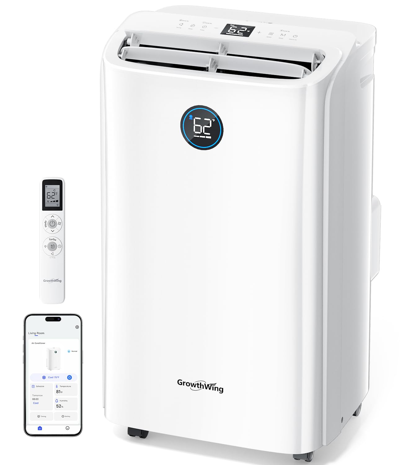 GrowthWing 14,000 BTU Smart WiFi Portable Air Conditioner, Cools up to 700 Sq.Ft, Auto-Evaporation, 3-in-1 Modes, Voice & Remote Control, Quiet Operation, White
