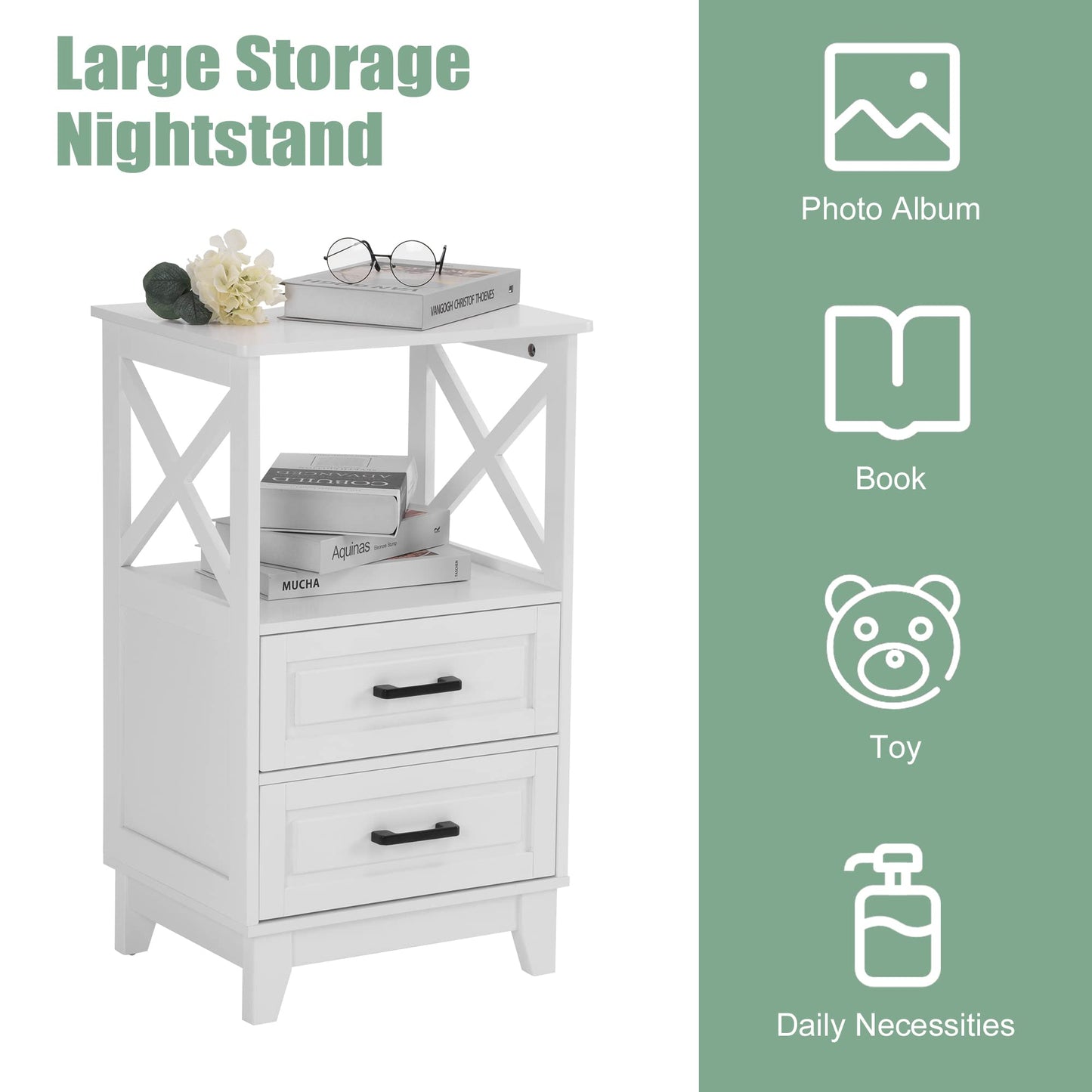 White Nightstand with 2 Storage Drawers Cabinet, Tall End Table with Wooden X-Design for Bedroom,Living Room, White