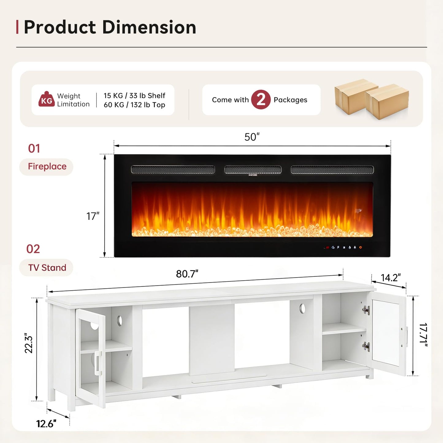 OneBlis 80" Fireplace TV Stand, Modern Entertainment Center with 50" Electric Fireplace, TV Console for Living Room, Fits TVs Up to 90", White & Black