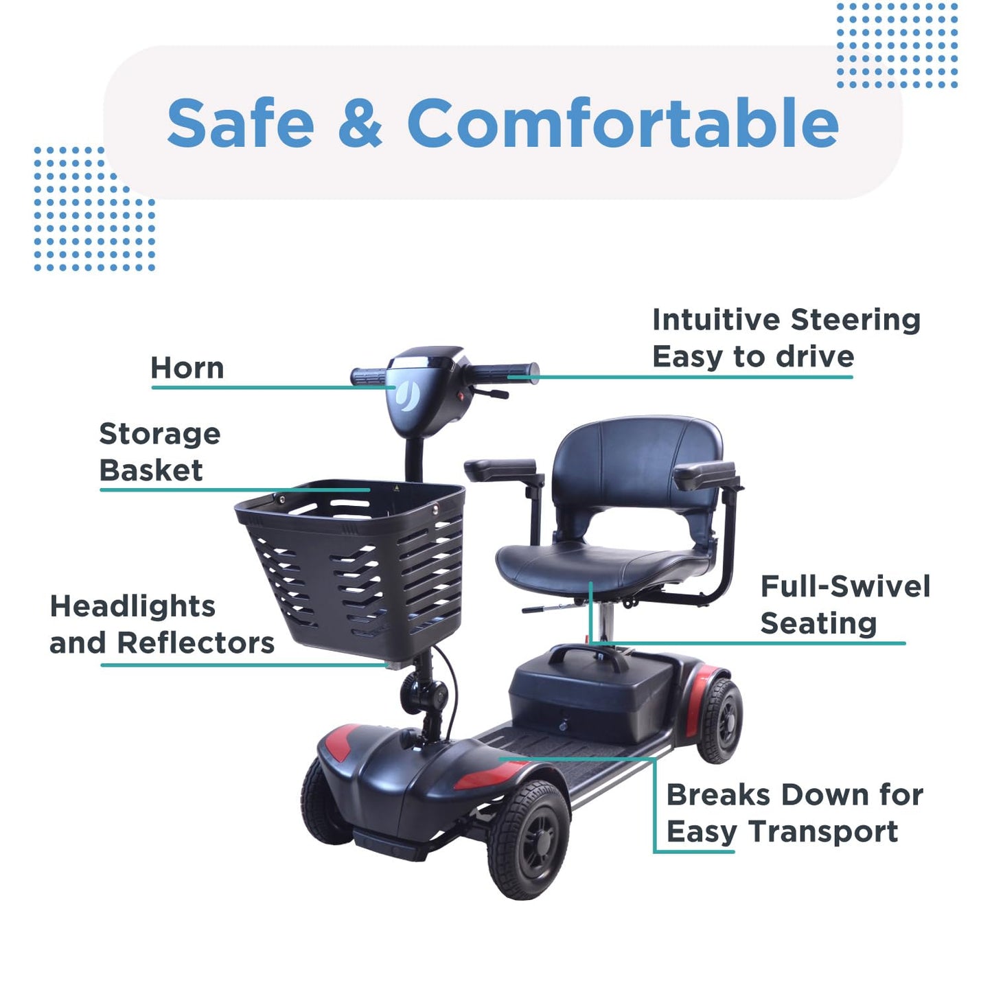 Journey Adventure Mobility Scooter – Lightweight Electric Motorized Travel Scooter for Adults & Seniors – Heavy Duty 300 Lb Weight Capacity – Red