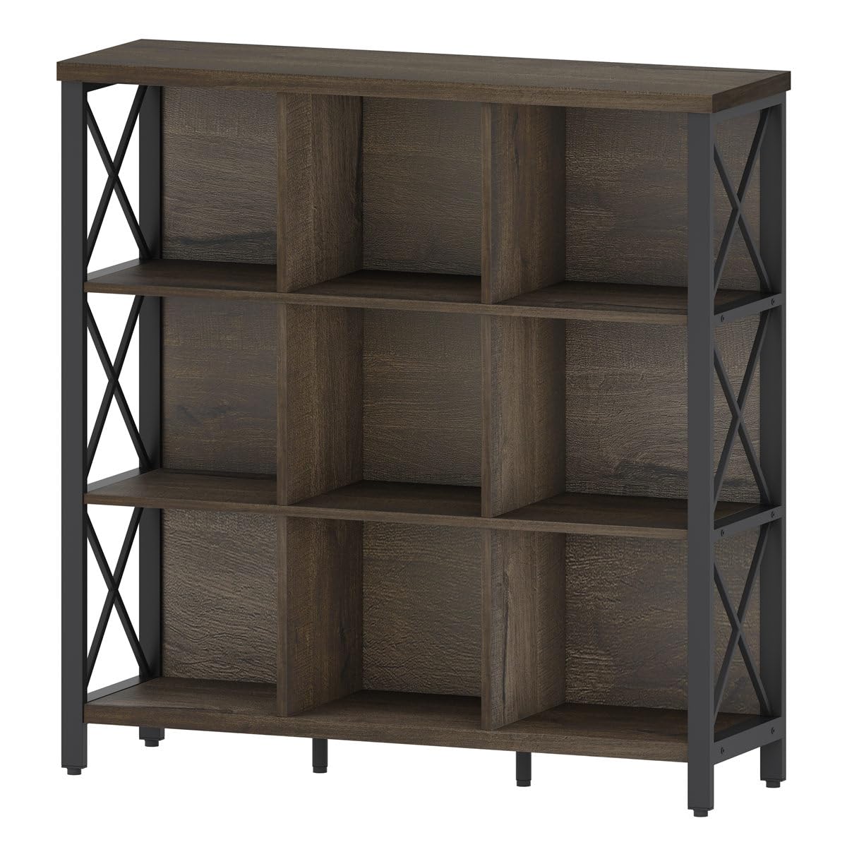 FATORRI 9 Cube Storage Bookshelf, Modern 4 Shelf Book Shelf, Wood and Metal Cubby Bookcase for Home Office (39.38 Inch W, Walnut Brown)