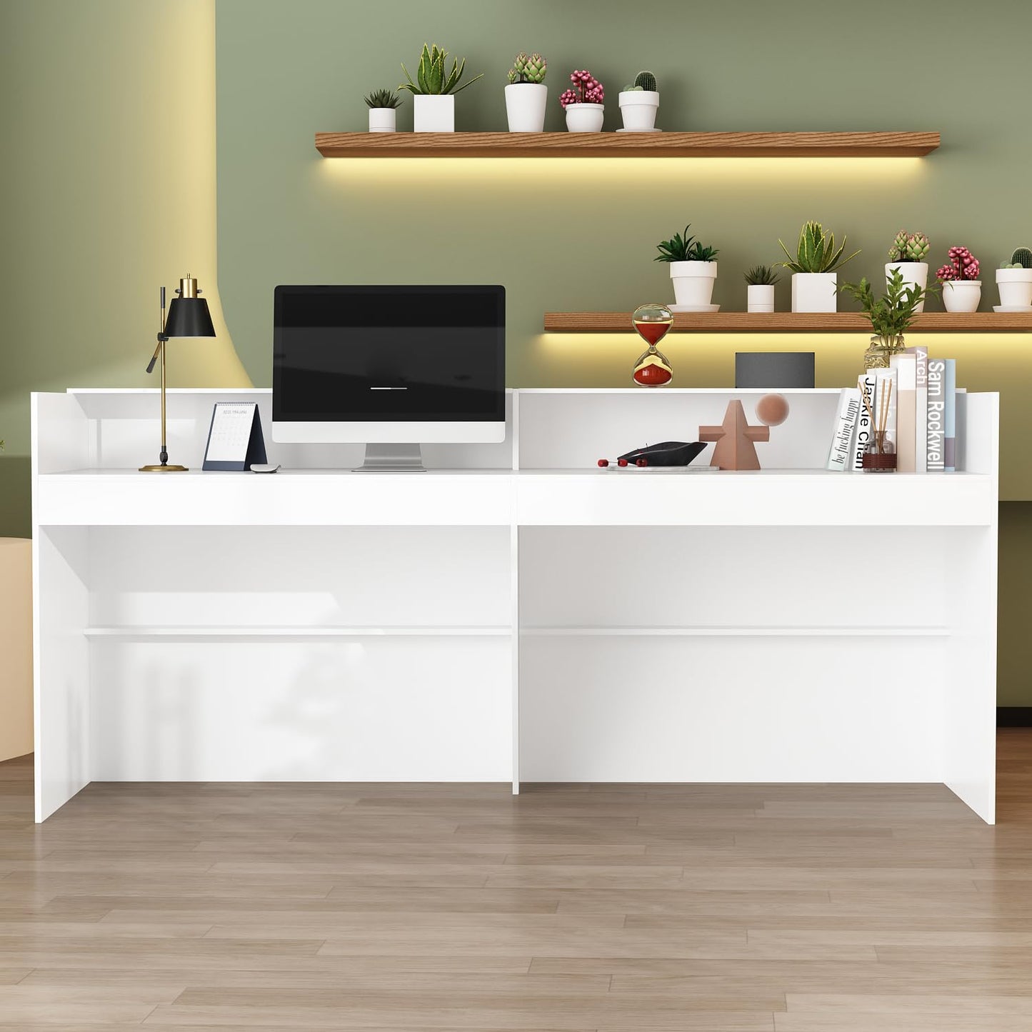 FAMAPY Reception Desk with Shelves, Modern Front Counter Table Checkout Retail Counter for Reception Room Lobby Shop, White and Black, 23.6”D x 86.6”W x 39.3”H