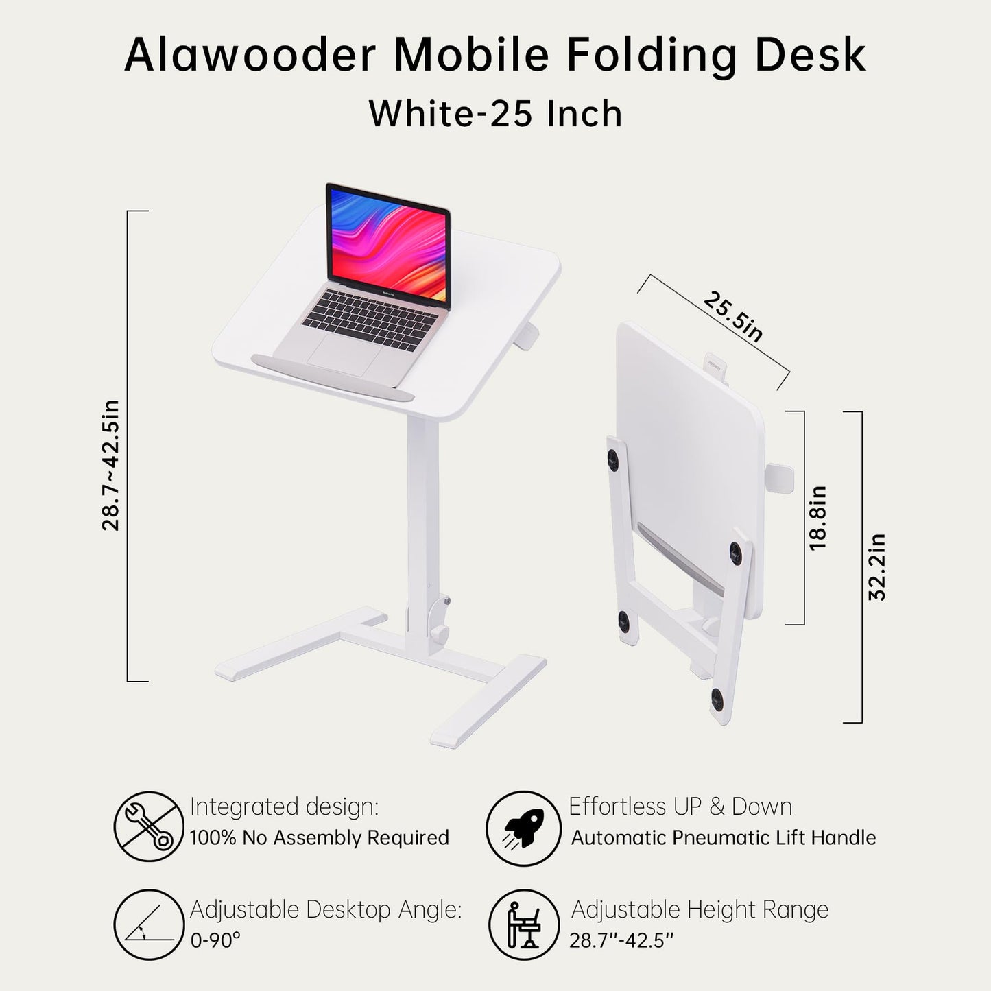 alawooder 25 Inch Mobile Folding Desk - No Assembly, Pneumatic Sit-Stand, 29-42" Height Adjustable Rolling Laptop Desk with Hidden Wheels, 0-90° Tilt Top for Home Office, Craft & Study