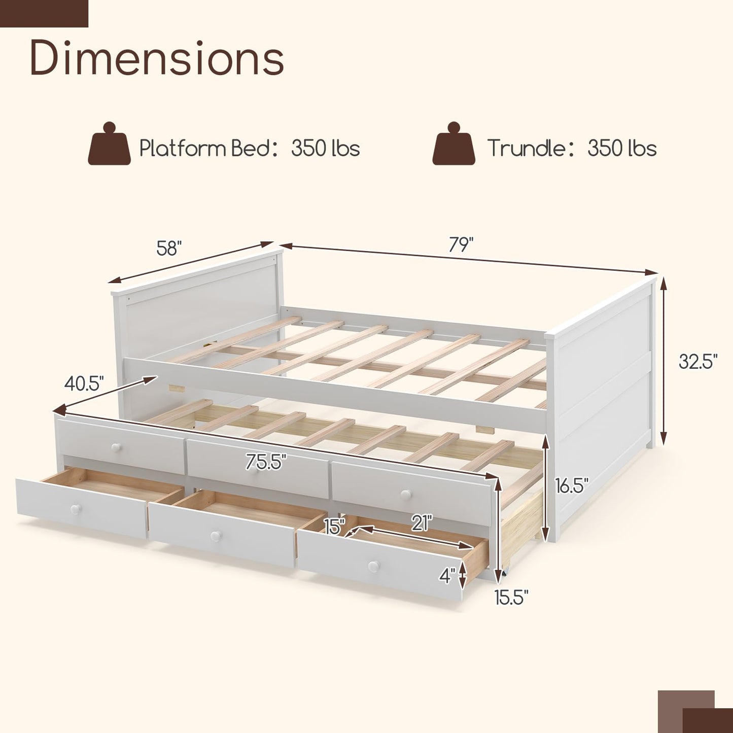 KOMFOTT Wood Full Trundle Bed with 3 Storage Drawers, Daybed with Trundle, No Box Spring Needed Daybed Frame, Trundle Bed with Storage for Kids Teens & Adults, Full Size Captain’s Bed (White)