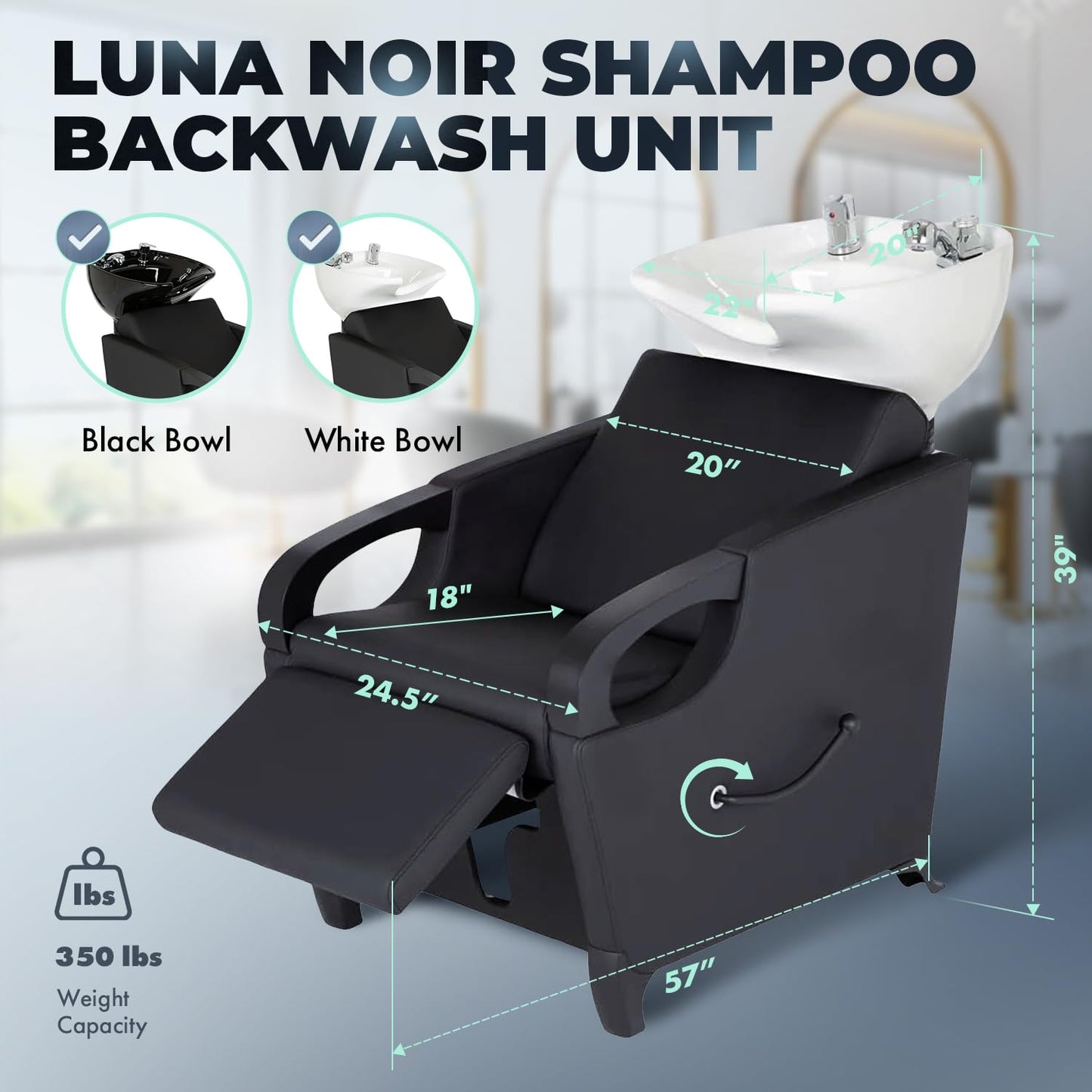 Buy-Rite Luna Noir Shampoo Backwash Unit for Professional Salons - Extra Wide Seat, Black Metal Armrests & Feet, Lever-Activated Leg Rest, Tilting White Porcelain Bowl, YLG-583-1-BLACK