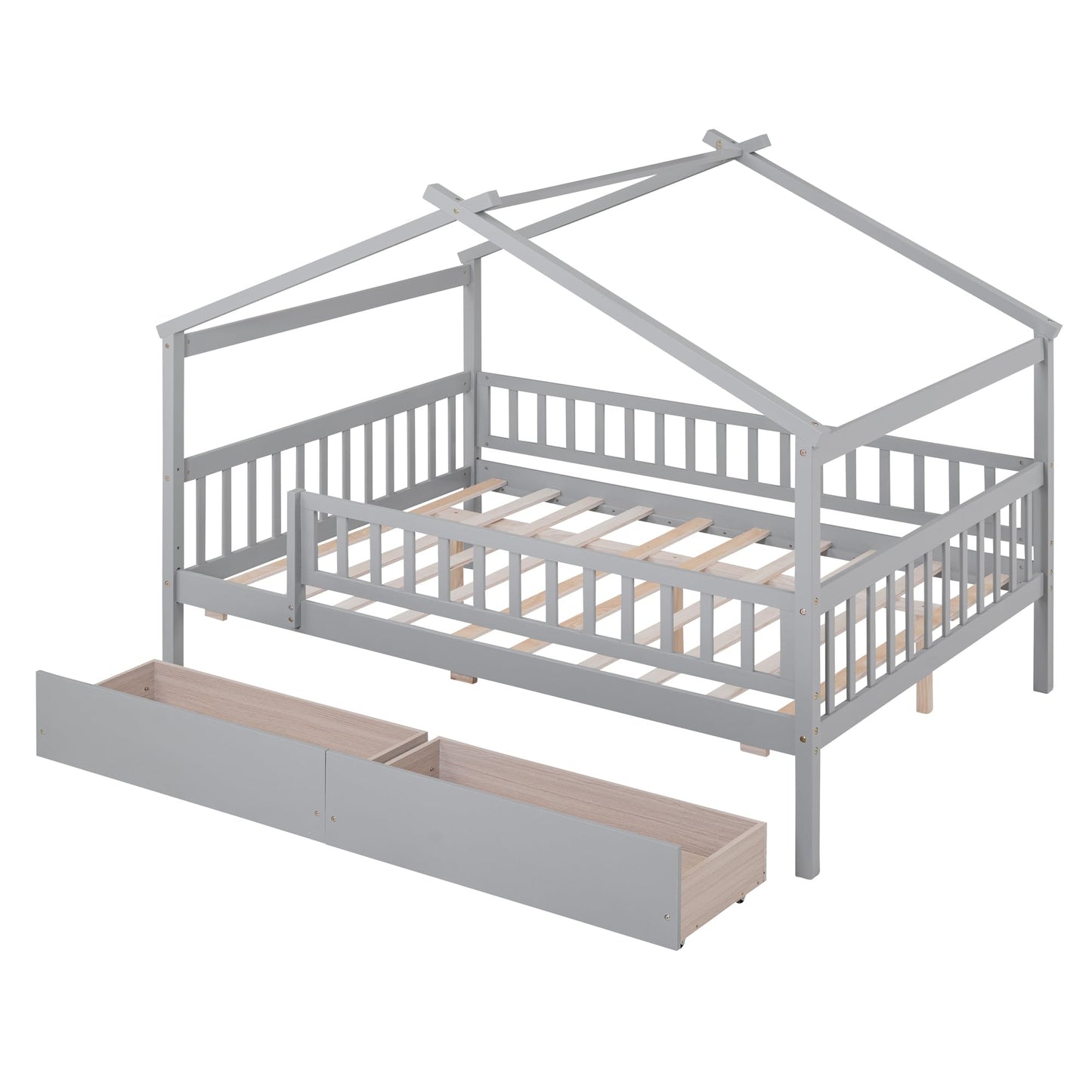 Merax Full Size Wooden House Bed with Two Drawers, Wood Bed Frame with Roof and Safety Guardrail for Kids, Teens, Boys or Girls, Gray