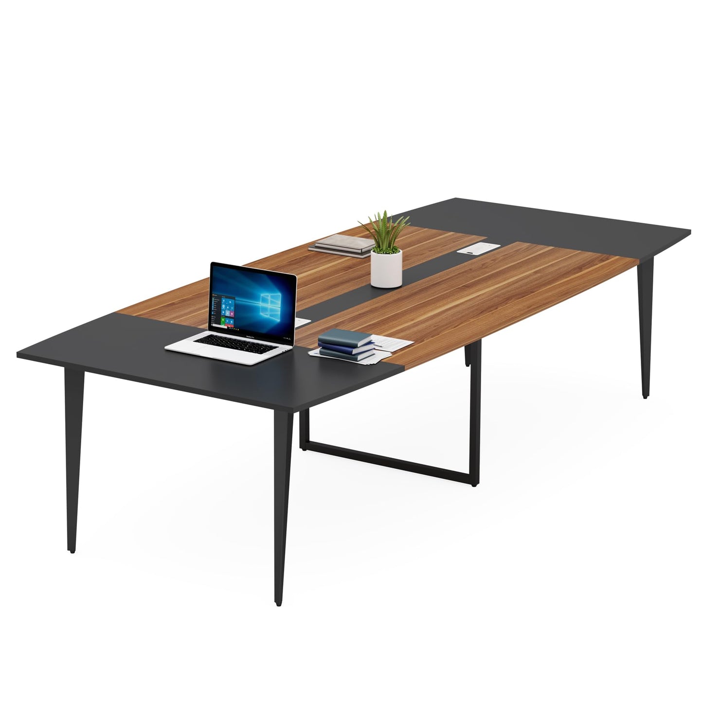 Tribesigns 8FT Conference Table, 94.48L x 47.24W x 29.52H Inches Boat Shaped Meeting Table with Rectangle Grommet, Modern Seminar Boardroom Table for Office Conference Room (8ft, Walnut & Black)