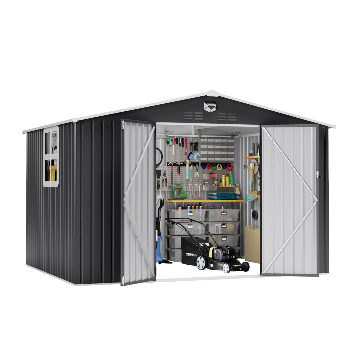 Softkiss 10x8 FT Outdoor Storage Shed, Metal Garden Shed - Tool Storage Sheds with Lockable Doors & 1 Clear Window, Waterproof Outside Storage Building for Backyard, Patio (Black; Floor Not Included)