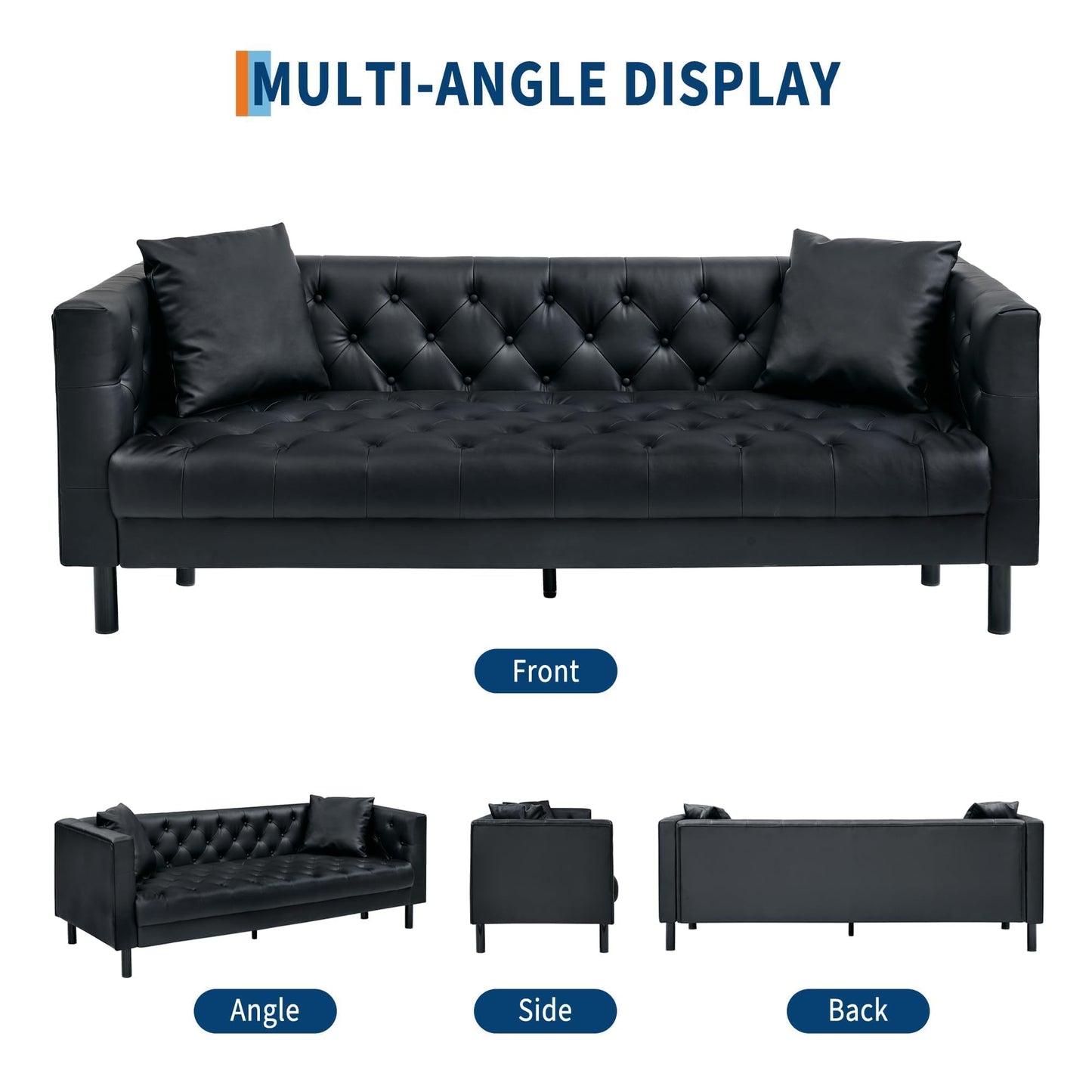 IDEALHOUSE Mid Century Modern Sofa 81 Inch – 3 Seater Faux Leather Couch with Button Tufted Back, Deep Seat Design, Upholstered Sofa for Living Room, Apartment or Office, Black