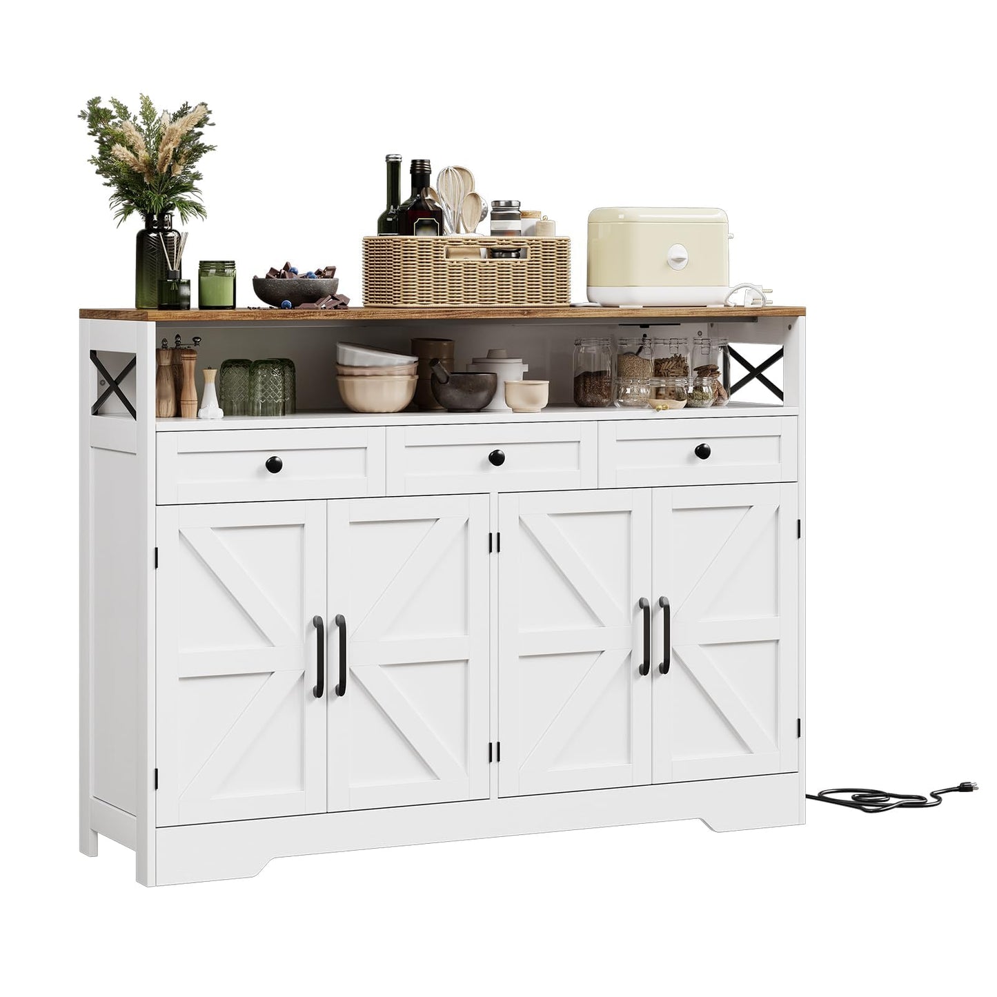 Garvee 55" Farmhouse Buffet Cabinet with Charging Station & 3 Drawers, Sideboard Buffet Cabinet with Storage and Open Shelf, Coffee Bar Station for Kitchen Dining Room Living Room, White
