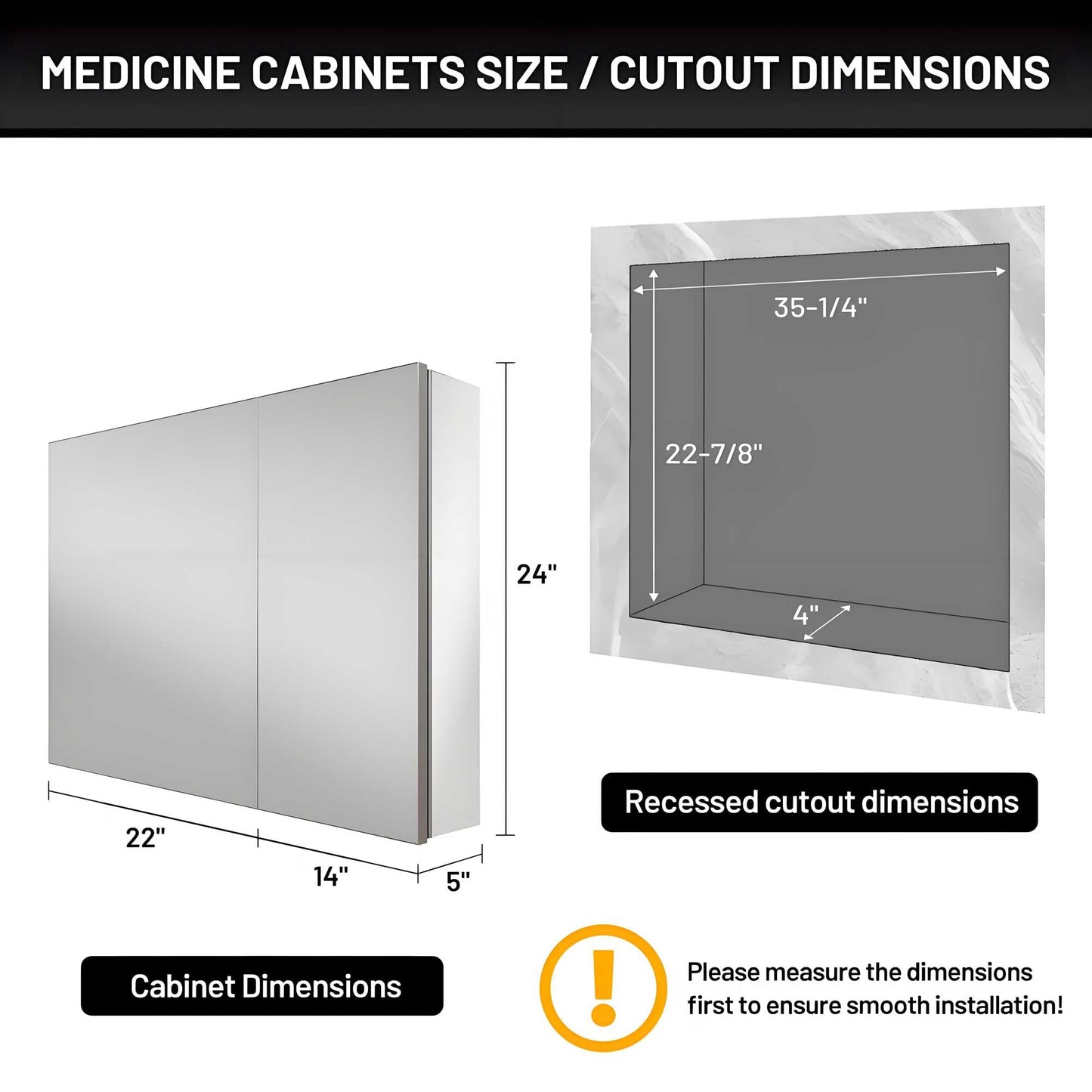 AZDHOME 36 x 24 Inch Bathroom Medicine Cabinet with Mirror, Surface/Recessed, Aluminum Frame with Mirrored Side Panels, Adjustable Shelves, Space-Saving Modern Farmhouse Design, Assembly Required
