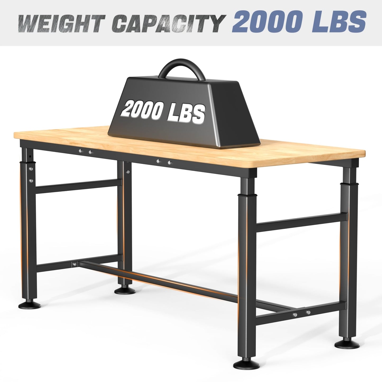 WALMANN Heavy Duty Adjustable Height Workbench 60" x 23.5", Rubber Wood Top Work Table for Garage, Workshop, 2000 lbs Load Capacity