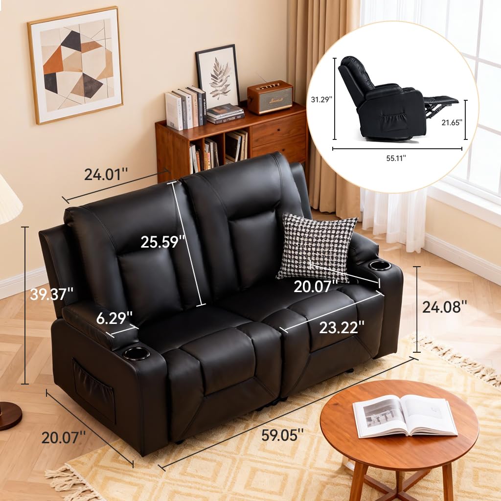 COMHOMA Living Room Furniture Set,Faux Leather Manual Recliner Sofa Sets with Cup Holders,Reclining Couch,Loveseat and Armchair,2,Black