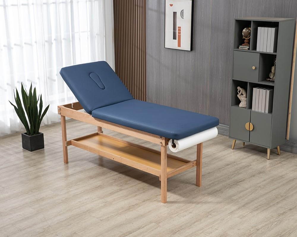 Carenovo 27.5" Width Comfortable Medical Exam Table & Bed with Wooden Storage Base and Paper Holder for Treatment Clincal (Blue)