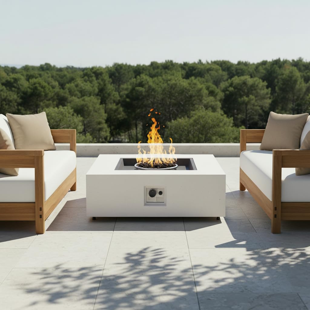 Christopher Knight Home Yuna Outdoor Propane Fire Pit Table with Lava Rock, No Assembly MGO Tank Table for Patio/Deck, 50000 BTU, Square Tabletop Fire Pit Outdoor, Patio Fire Table, White