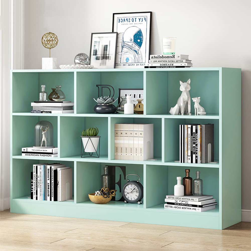 IOTXY Open Shelf Low Bookcase - Wooden 3-Tier Floor Standing Display Cabinet Organizer with Base, 10 Cubes Short Horizontal Bookshelf in Tiffany-Green