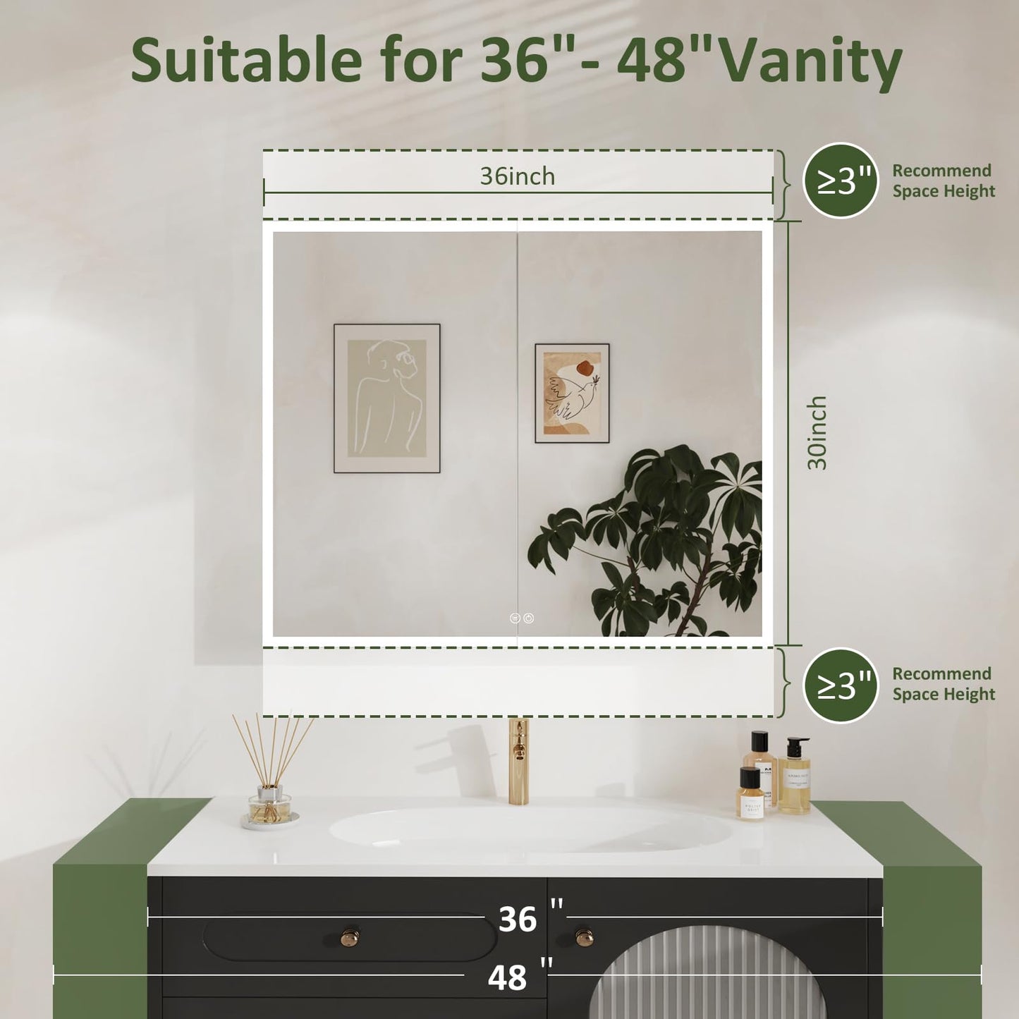 LED Medicine Cabinet Mirror 30x36 IN, Lighted Medicine Cabinet with 3-Colors Dimmable Light, Defog, Medicine Cabinet with Light Built-in 2-Compartment, Sensing Light, 2 Outlets, Recessed or Wall Mount