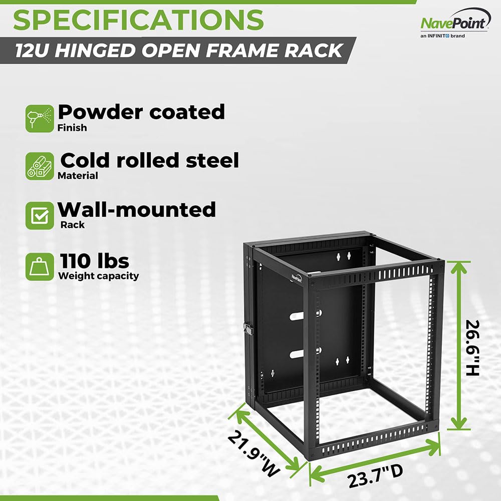 NavePoint 12U Wall Mount Server Rack with Hinged Back, 4-Post 24” Deep, Rear Swing Frame 12U Network Rack Wall Mount for 19 Inch Equipment AV IT Easy Cable Management, Black