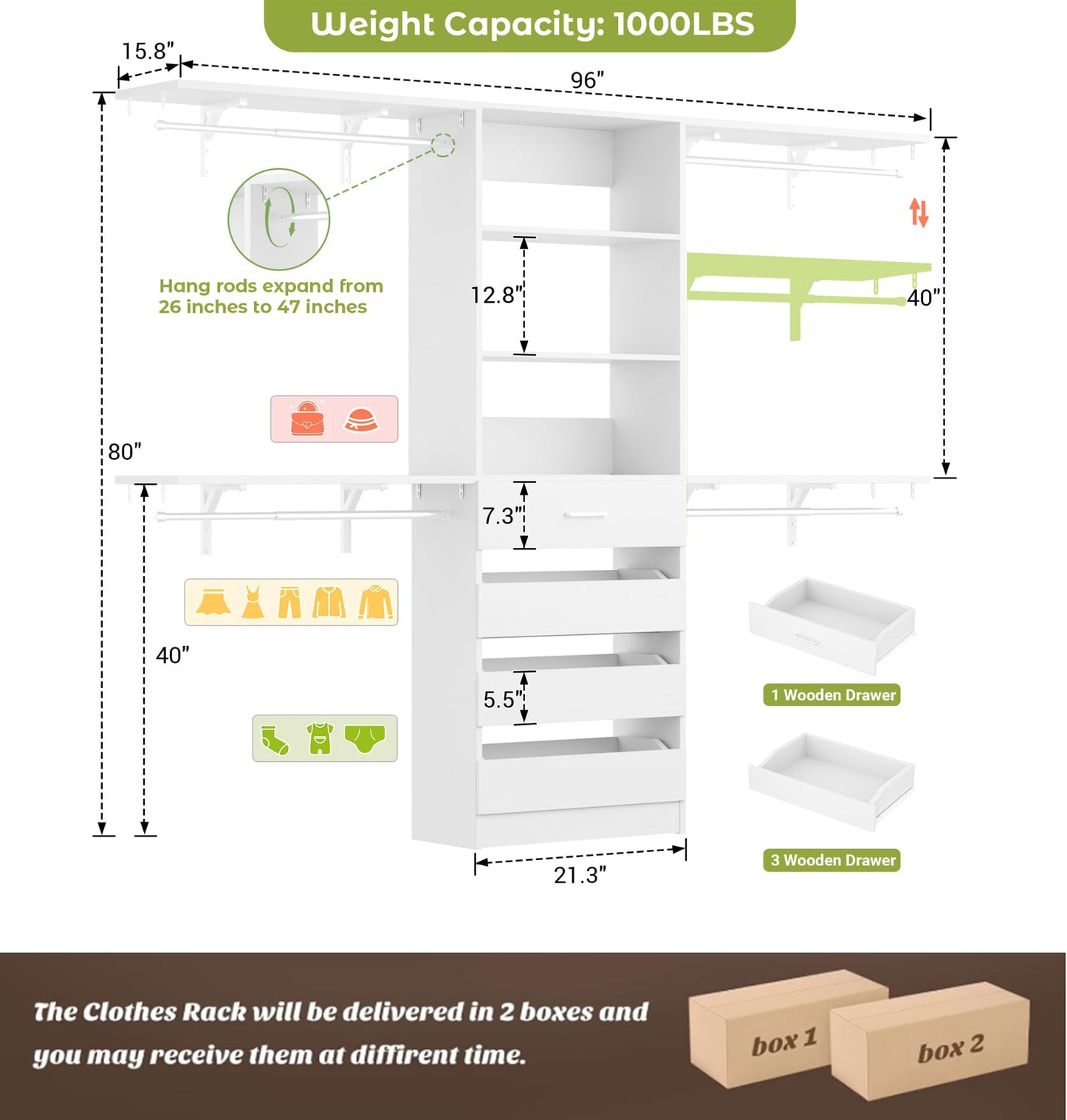Aheaplus Closet System with Drawers, Wood Closet Organizer System with 4 Hanging Rods & Top Shelves, Walk-in Closets Organizer Wardrobe Clothes Rack System, Cut Fits Spaces 4-9FT. Wide, White