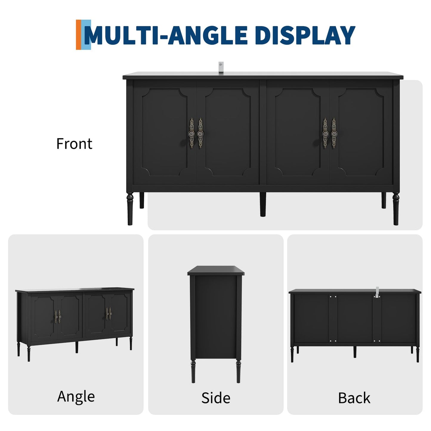 MilleLoom 59" W Buffet Cabinet with Storage, Kitchen Storage Cabinet Wood Console Table Coffee Bar Accent Cabinets for Living Room Dining Room Entryway, Black