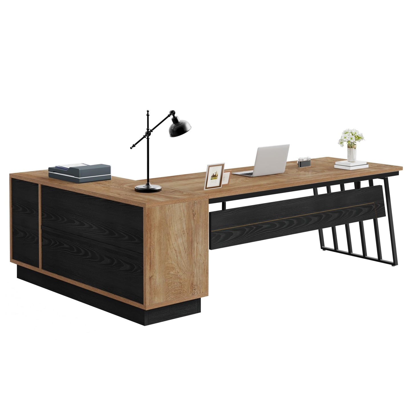 Tribesigns 71-Inch Executive Desk, L-Shaped Desk with Cabinet, Large Office Desk with Drawers and Storage Shelves, Writing Table Computer Desk for Home Office, Oak and Black