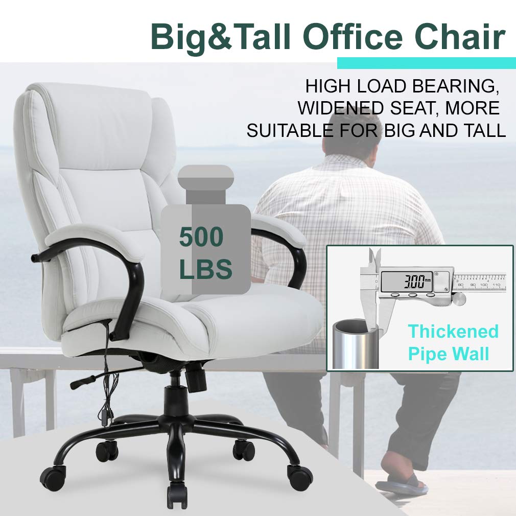 Office Chair Desk Chair Computer Chair with Lumbar Support Headrest Armrest Swivel Rolling PU Leather Task Big and Tall 500lb Wide Seat Massage Ergonomic Chair Adjustable for Adults Women(White)