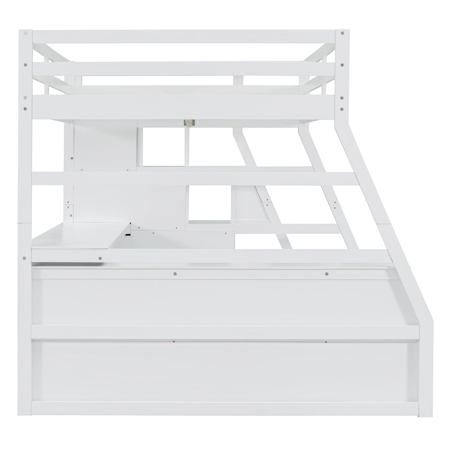 Su & Chan Legence Full Size Bed with Pinewood Frame and Desk, Loft Bed with 7 Drawers and 2 Shelves, Natural Wood Grain Look, White