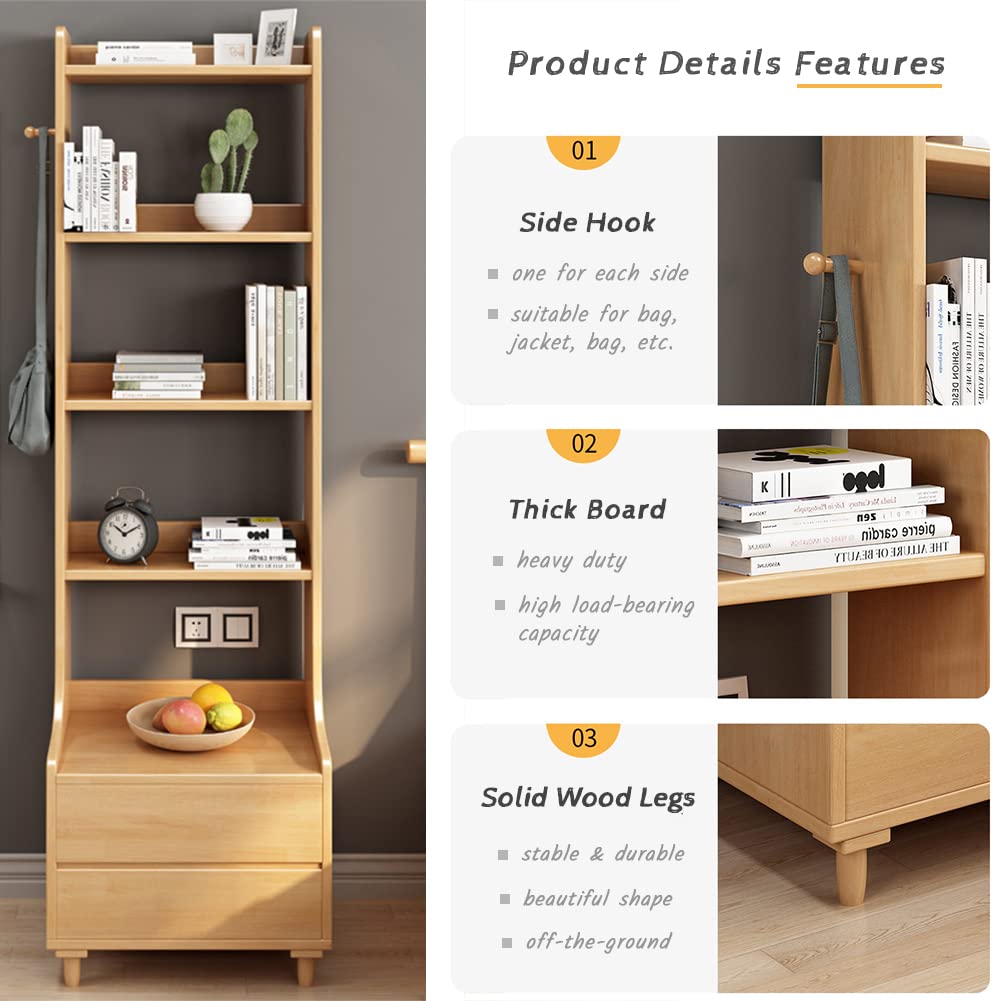 IOTXY Walnut Bedside Table Bookshelf - 71" Tall Free Standing Wooden Open Shelf Bookcase with Drawers and 4-Shelves for Bedroom, Bed Side End Table, Nightstand
