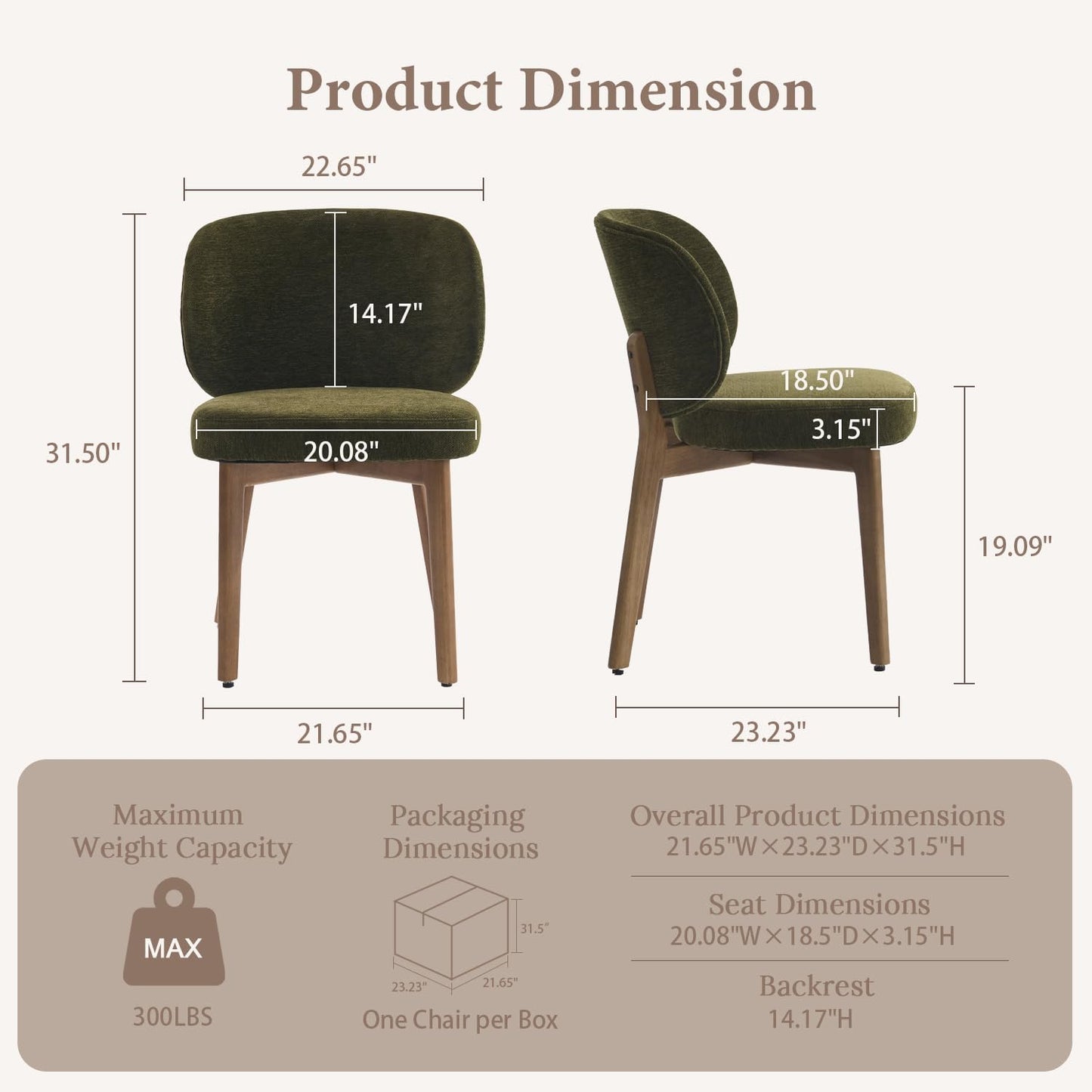 YOUNUOKE Upholstered Dining Chair, Modern Chenille Fabric Dining Room Chair with Wood Legs, Widen Backrest Comfy Side Kitchen Chairs, Green (Single Pack)