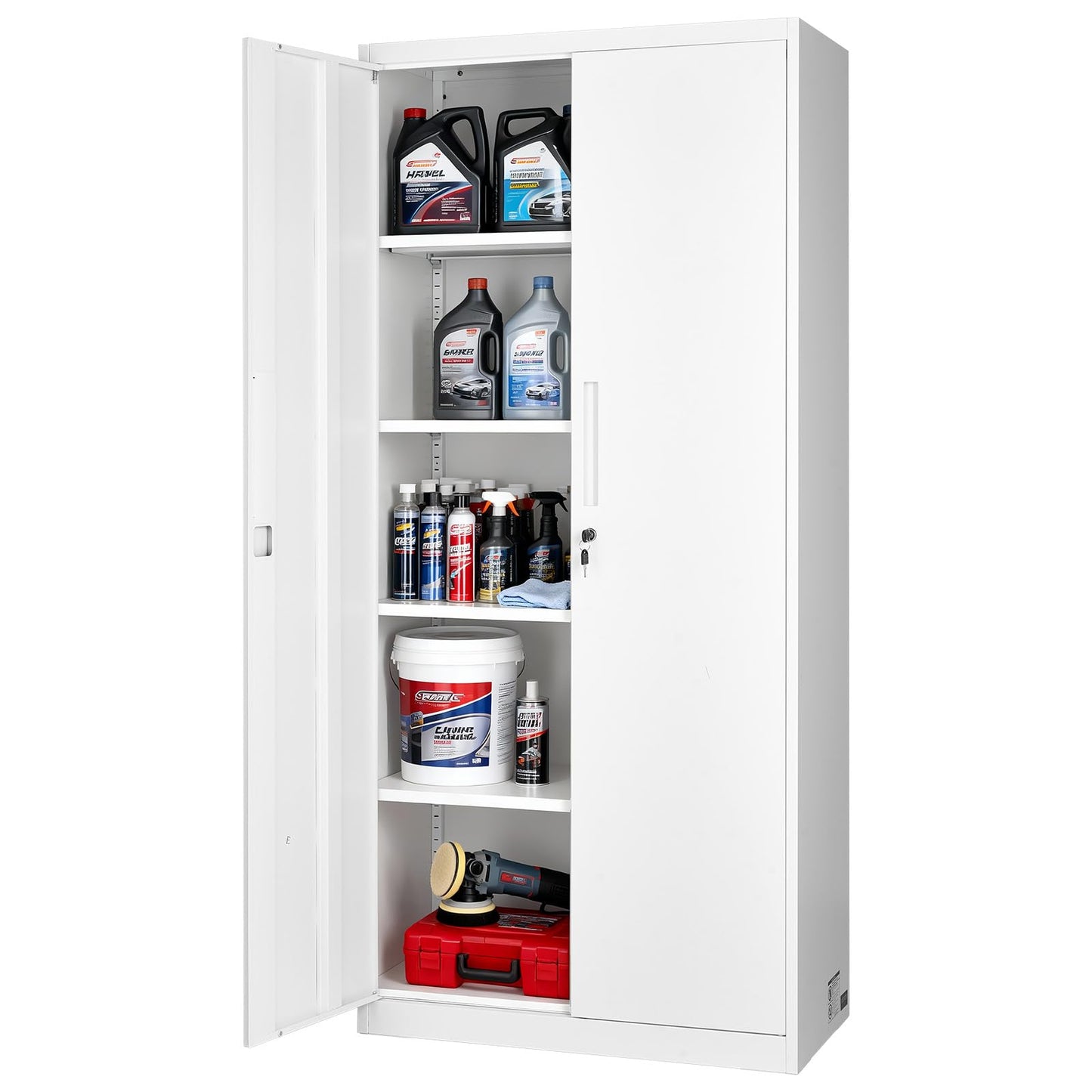VEVOR Metal Storage Cabinet, Lockable Steel Garage Cabinet with Adjustable Shelves, 2 Magnetic Doors, 2 Keys, 5-Tiers Tool Storage Locker for Home, Office, School, Warehouse, Basement, Laundry, White