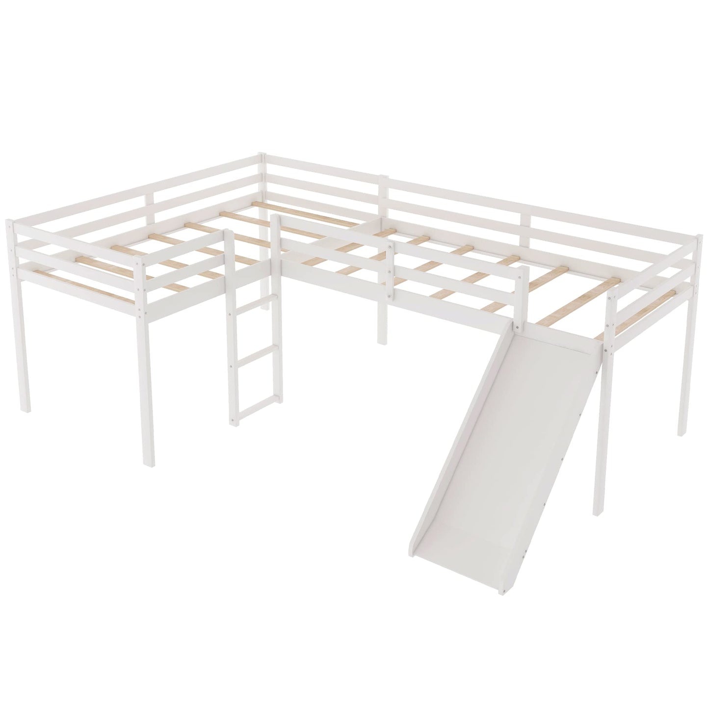 Merax L-Shaped Twin Size Loft Bed with Ladder and Slide, Wooden Double Loft Bed Frame with Full-Length Guardrail, No Box Spring Required