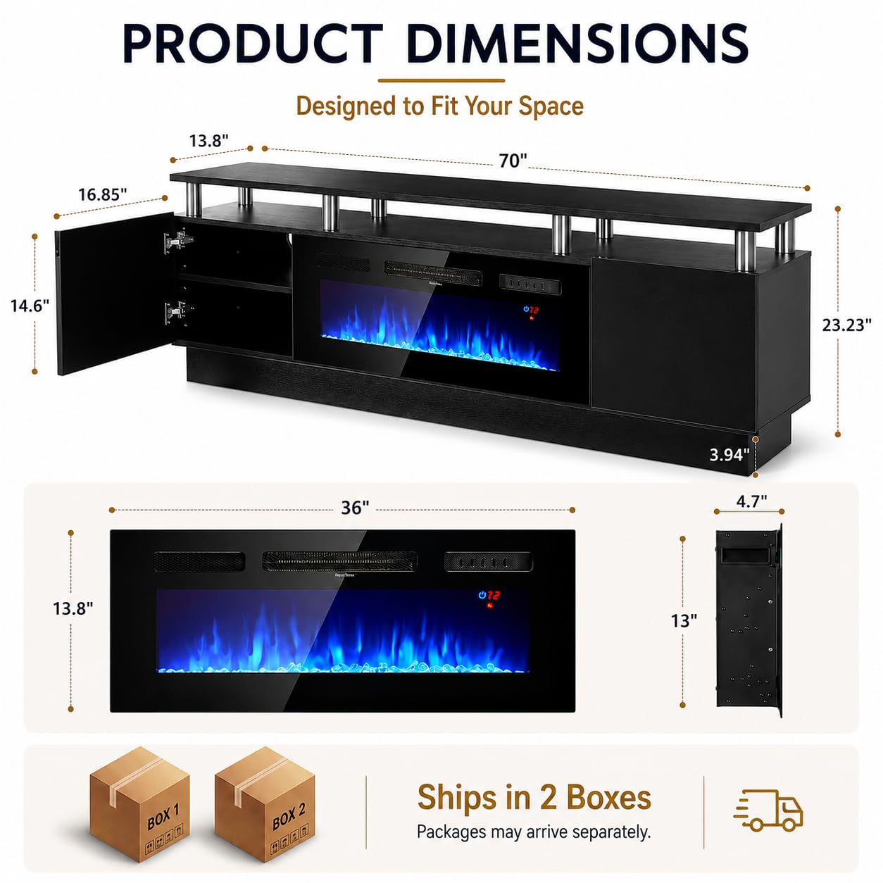 OneBlis 70" TV Stand for Living Room, Modern Entertainment Center & Media Console, Fits TVs up to 80", Storage Cabinet with Shelves, 36" Electric Fireplace with LED Flame (All Black)