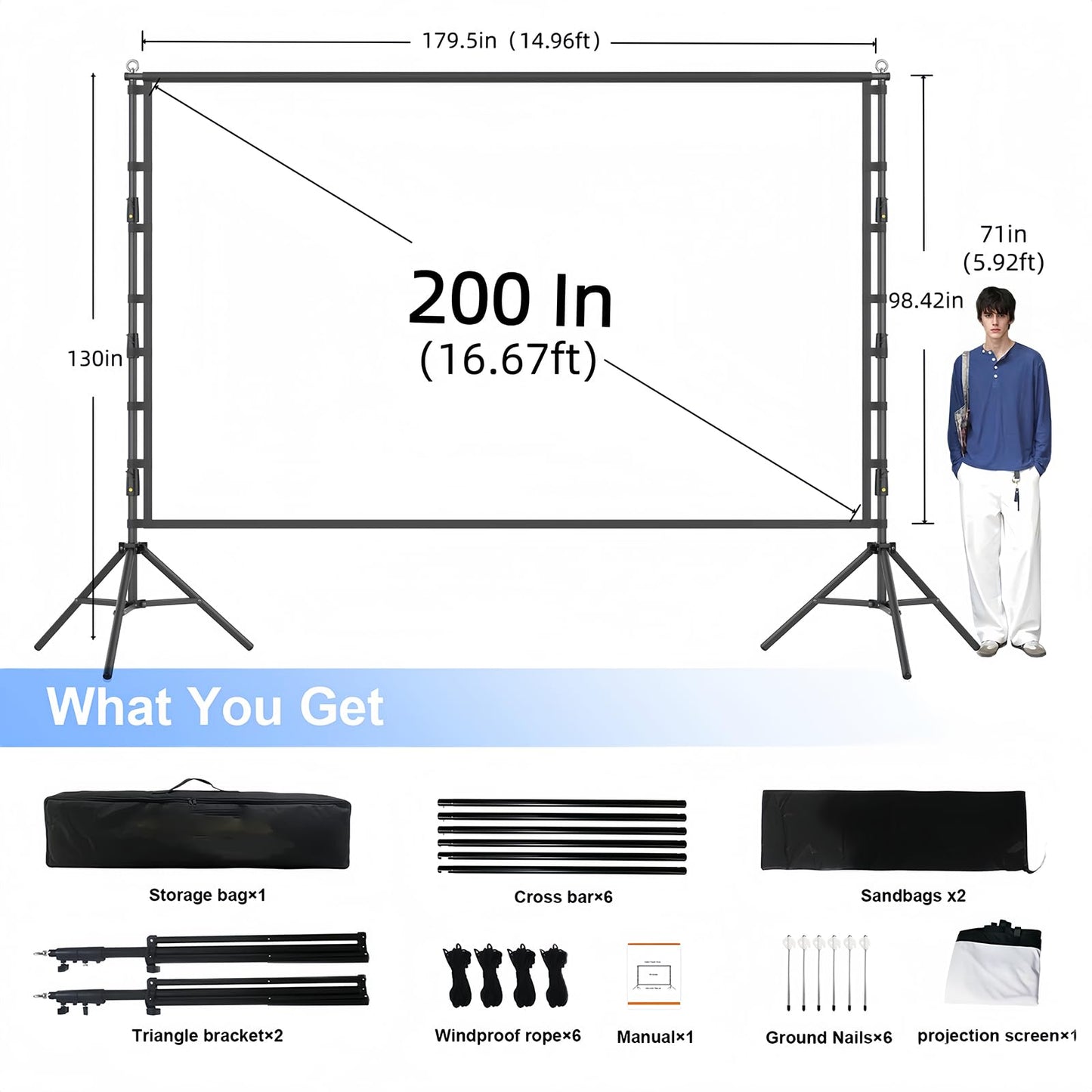 Projector Screen and Stand,200 inch Outdoor Projection Screen 16.67FT Large Portable Movie Screen Wrinkle-Free 16:9 4K Washable with Carry Bag for Backyard Theater Movie Night Celebration