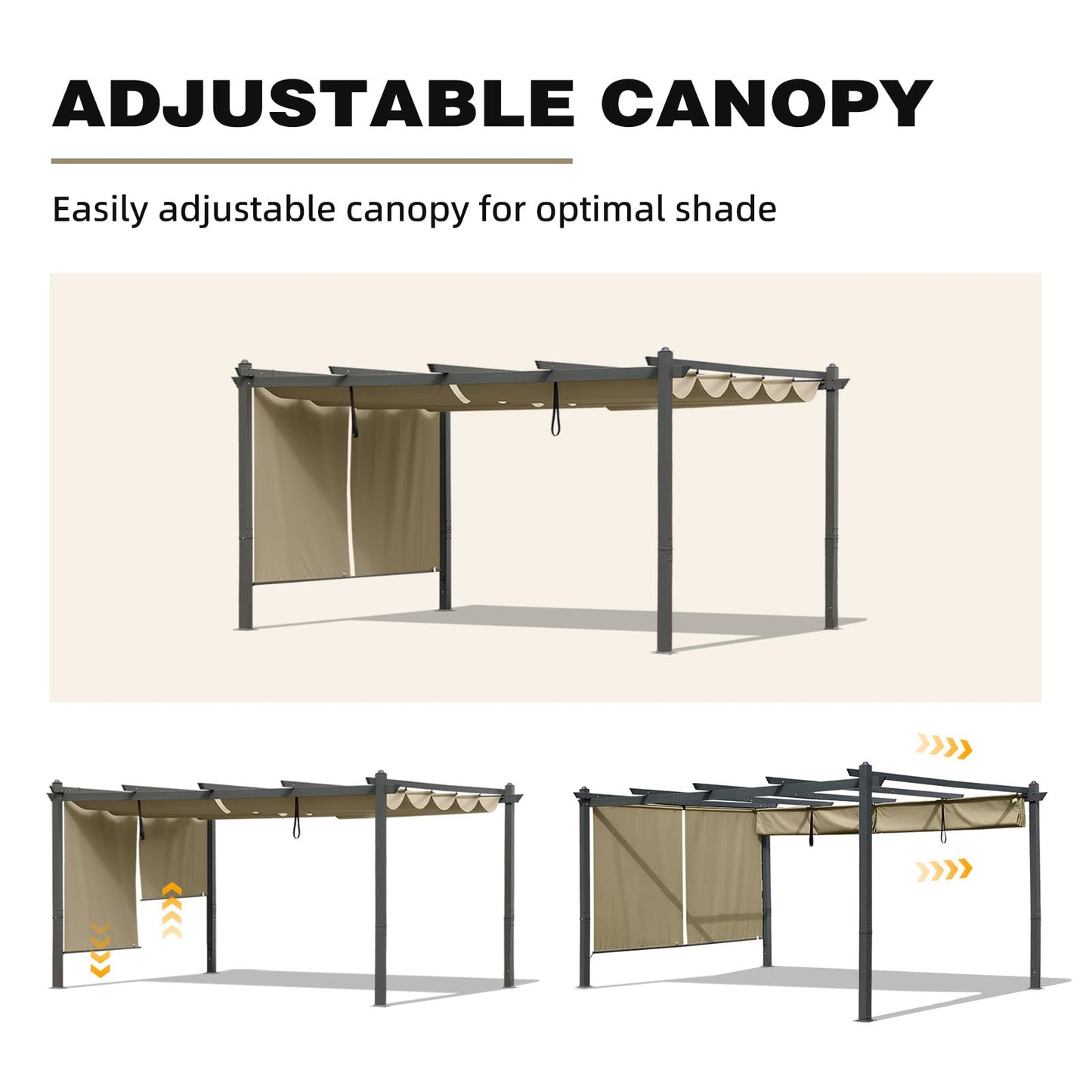 BPS 12x16 FT Outdoor Pergola - Retractable Shade Canopy with Aluminum Frame & Roller Shade Curtains for Patio, Backyard, or Deck, Khaki