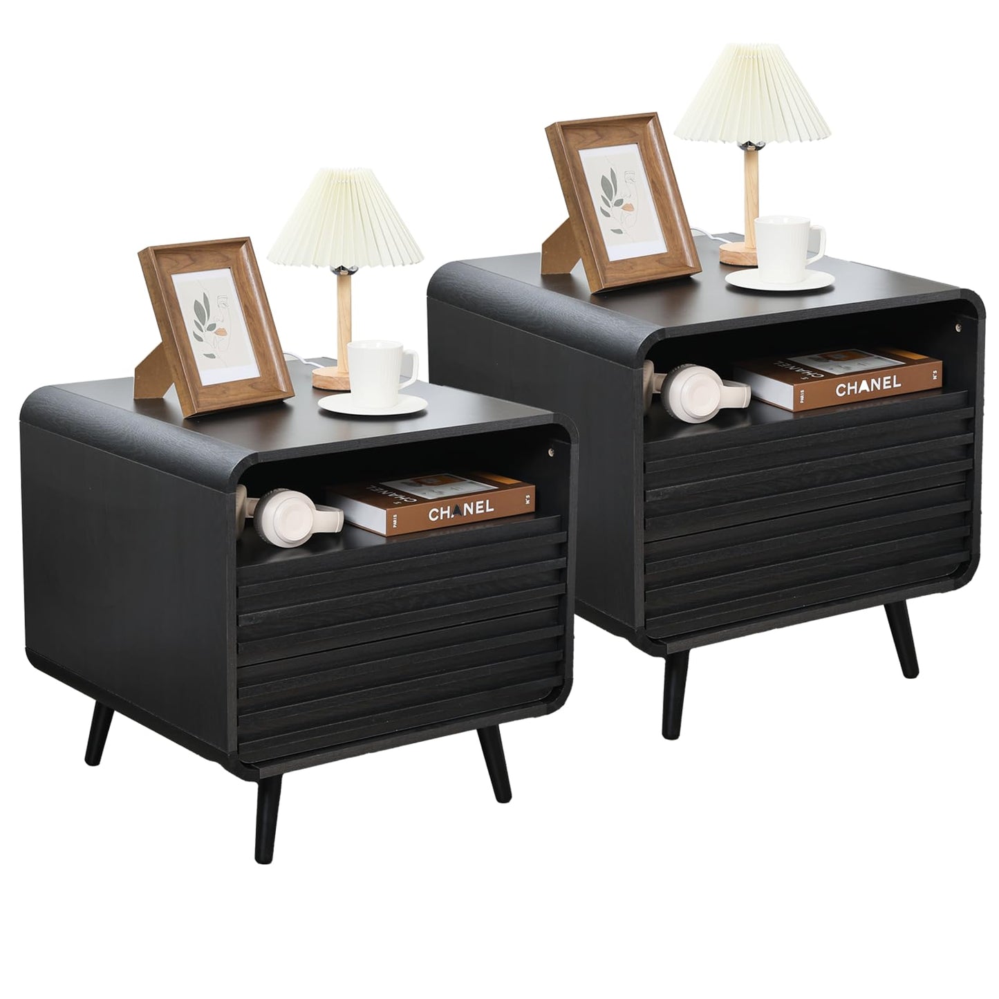 HtThalamic 24" Night Stands Set of 2, Modern Nightstand with Charging Station, Wood Fluted End Table with 2 Drawers, Black Bedside Cabinet for Bedroom