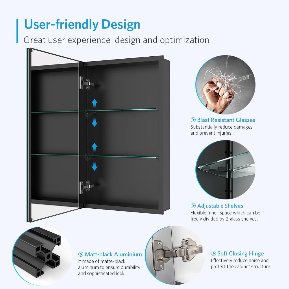 Quavikey 16"x26" Medicine Cabinet with Mirror, Recessed or Surface, Black