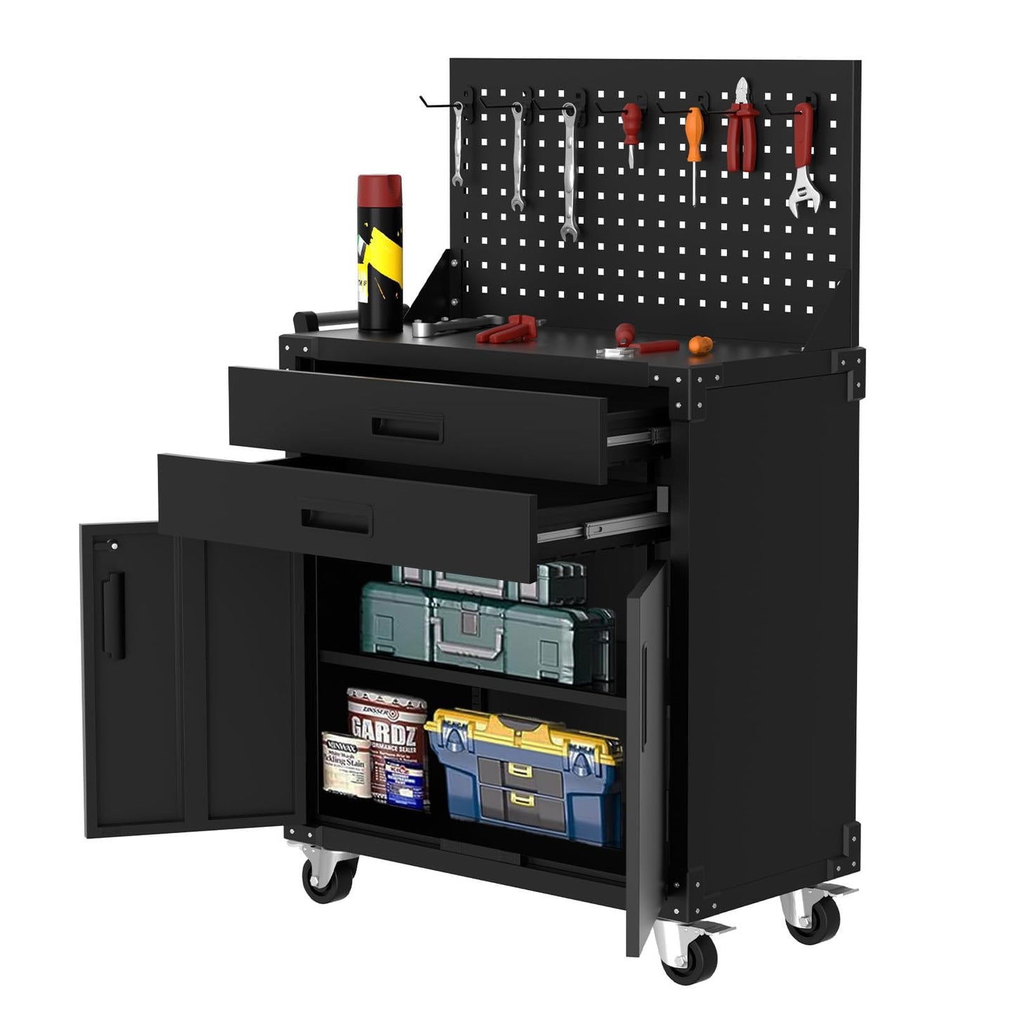 Garvee 35" Heavy-Duty Steel Rolling Tool Cabinet with 2 Deep Drawers, Adjustable Shelves & Pegboard, Locking Casters, Mobile Garage Storage Organizer & Workbench for Workshop, Warehouse Tools