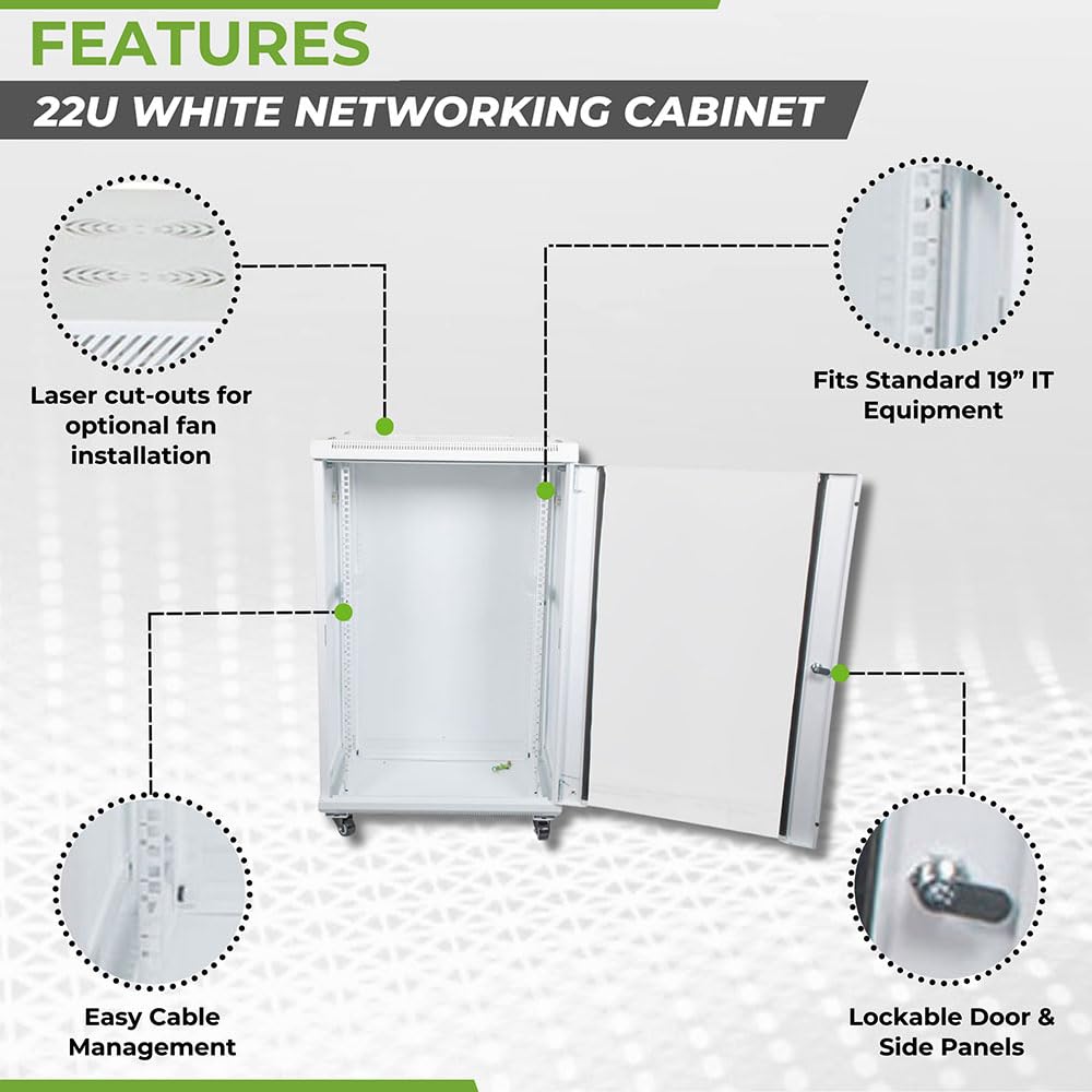 NavePoint 22U Network Cabinet with Glass Door – 22U Wall Mount Server Cabinet White 19” Rack for IT Equipment, AV Devices, Networking Equipment –23” Deep Server Rack Enclosure w/Wheels