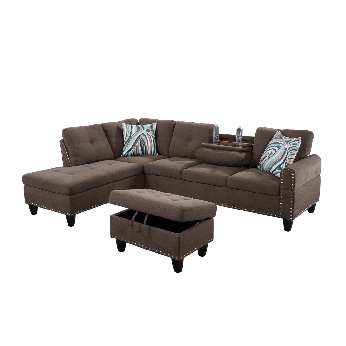 UOCFYK L-Shaped 3-Piece Breathable Fabric Sofa with Ottoman, Sectional Couch Set for Living Room, Office, Apartment, with Cup Holder, Brown