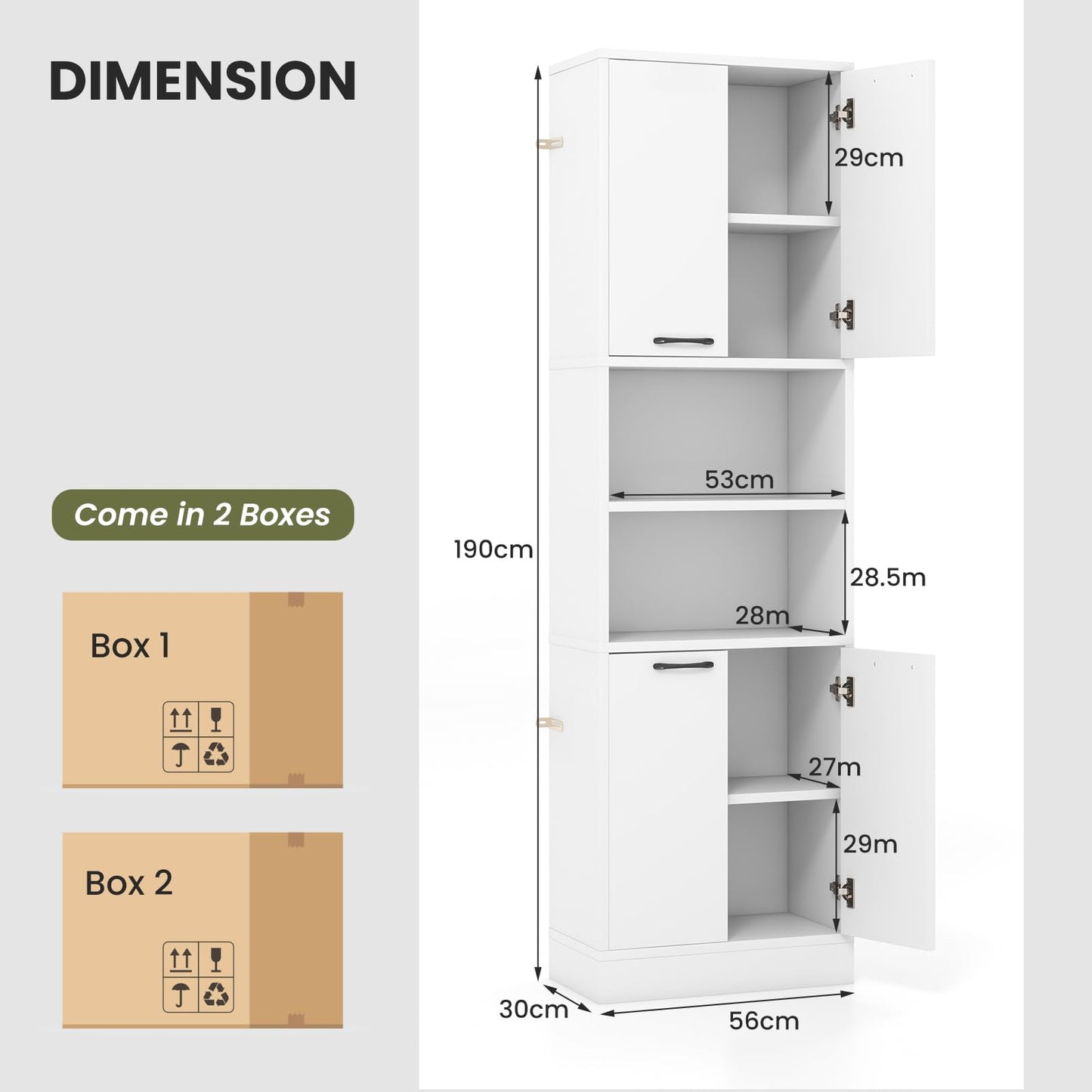 NAFORT Storage Cabinet, 75" Freestanding Tall Cupboard with Shelves, Anti-toppling Devices & Non-Slip Foot Pads, Modern Slim Cabinet for Indoor Space