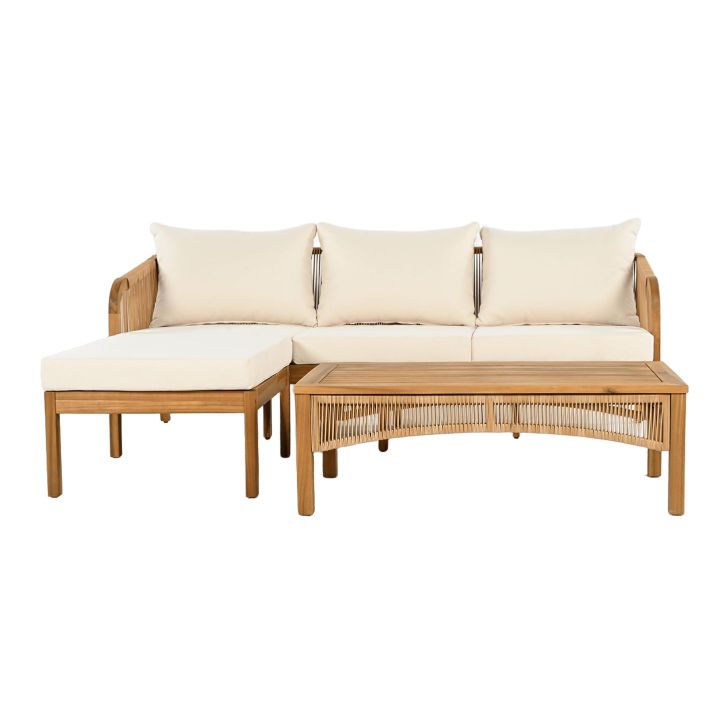 Christopher Knight Home Havets 3 Pieces Acacia Wood Patio Furniture Set, Faux Rattan Sofa and Coffee Table, Outdoor Conversation Sets with 6" Thick Cushions for Backyard Garden Balcony, Teak+Beige