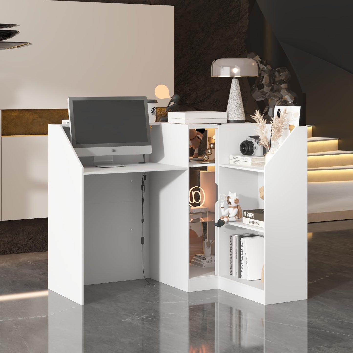 AIEGLE Modern Reception Desk, Front Desk Reception Counter, 47.2" W L Shaped Check Out Counter with Storage, LED Lights, Cable Grommet & Glass Display Shelf for Salon, Lobby, White
