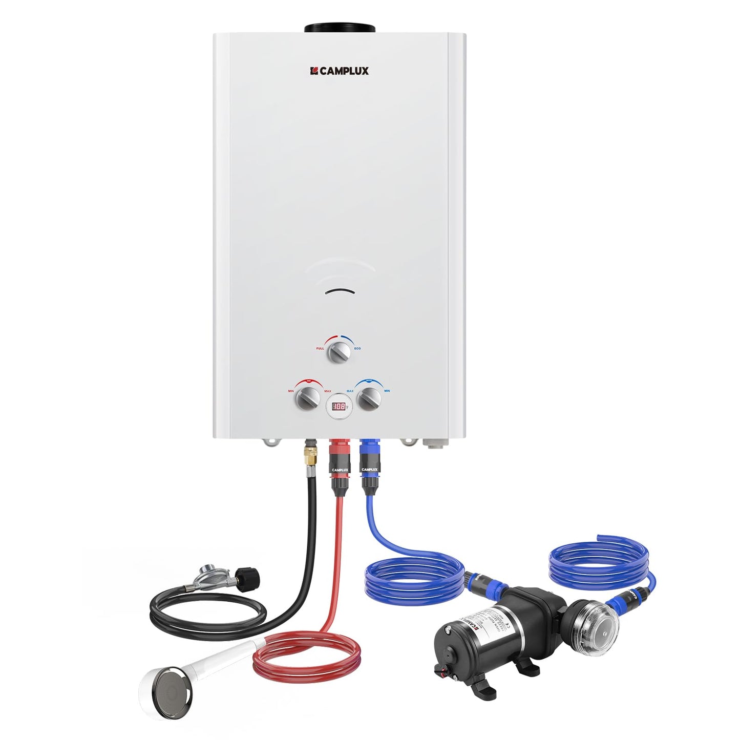 CAMPLUX 4.22GPM Propane Water Heater with 3.3 GPM Water Pump & Pipe Strainer, 110,000BTU Tankless Outdoor Water Heater, BW422P120