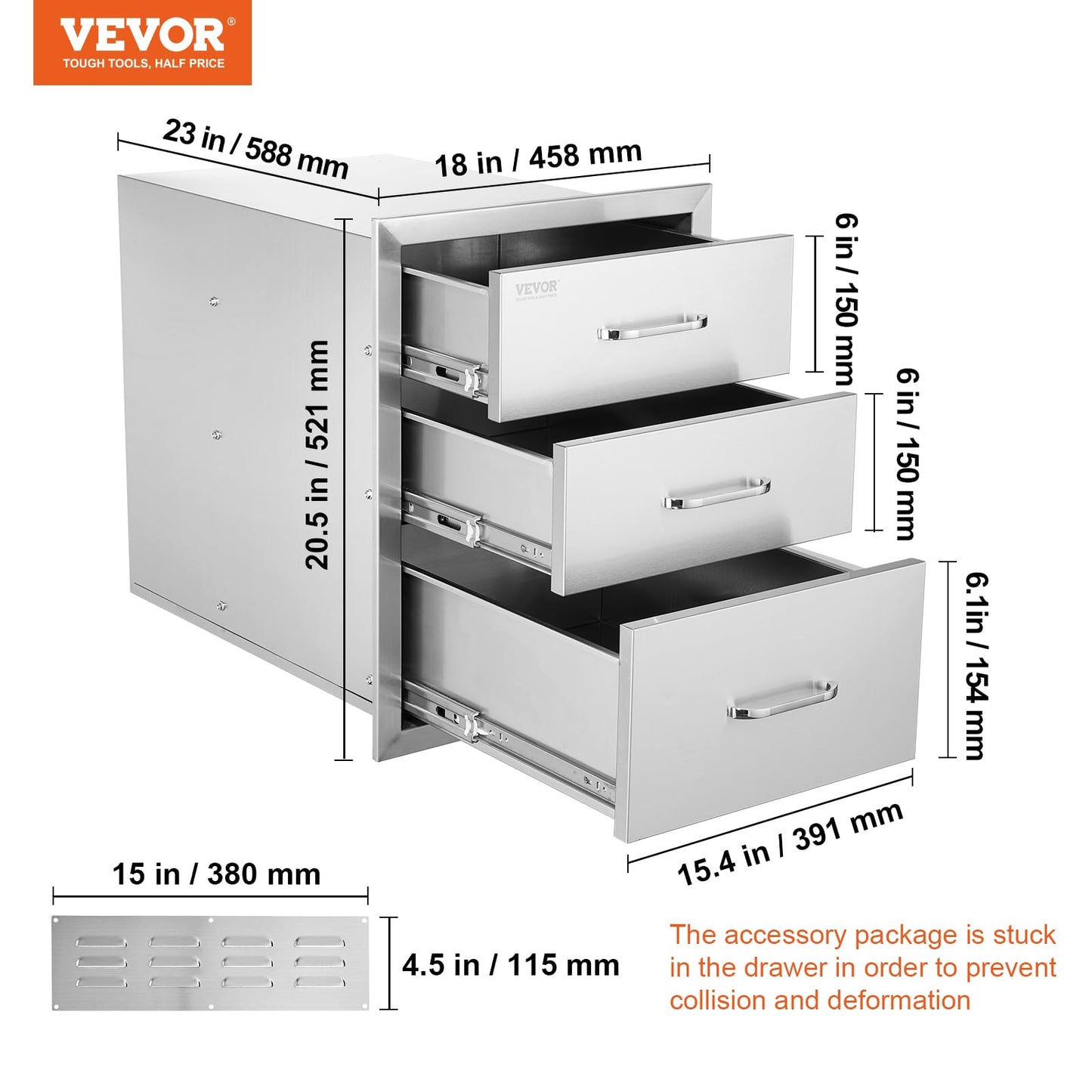 VEVOR 18x23 Inch Outdoor Kitchen Cabinets 18W x 20.5H x 23D Inch, BBQ Drawers Stainless Steel, Outdoor Kitchen Drawers Triple Access with Chrome Handle, BBQ Island Drawers, Grill Drawers Storage