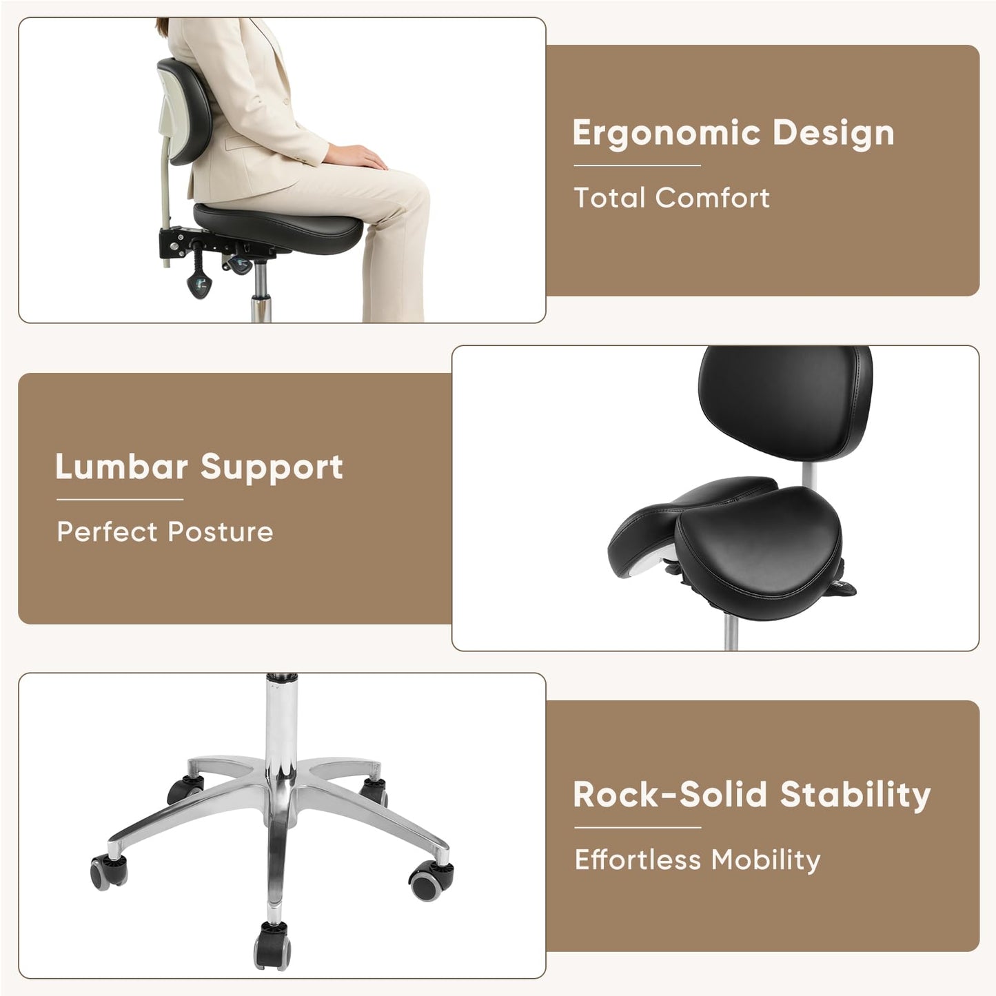 Ailyful Ergonomic Saddle Stool with Backrest, 485 lbs Capacity Rolling Stool, 12 Tilt, Adjustable Height Split Seat Stool, 360 Swivel Rolling Chair for Office, Salon, Massage, Dental, Tattoo