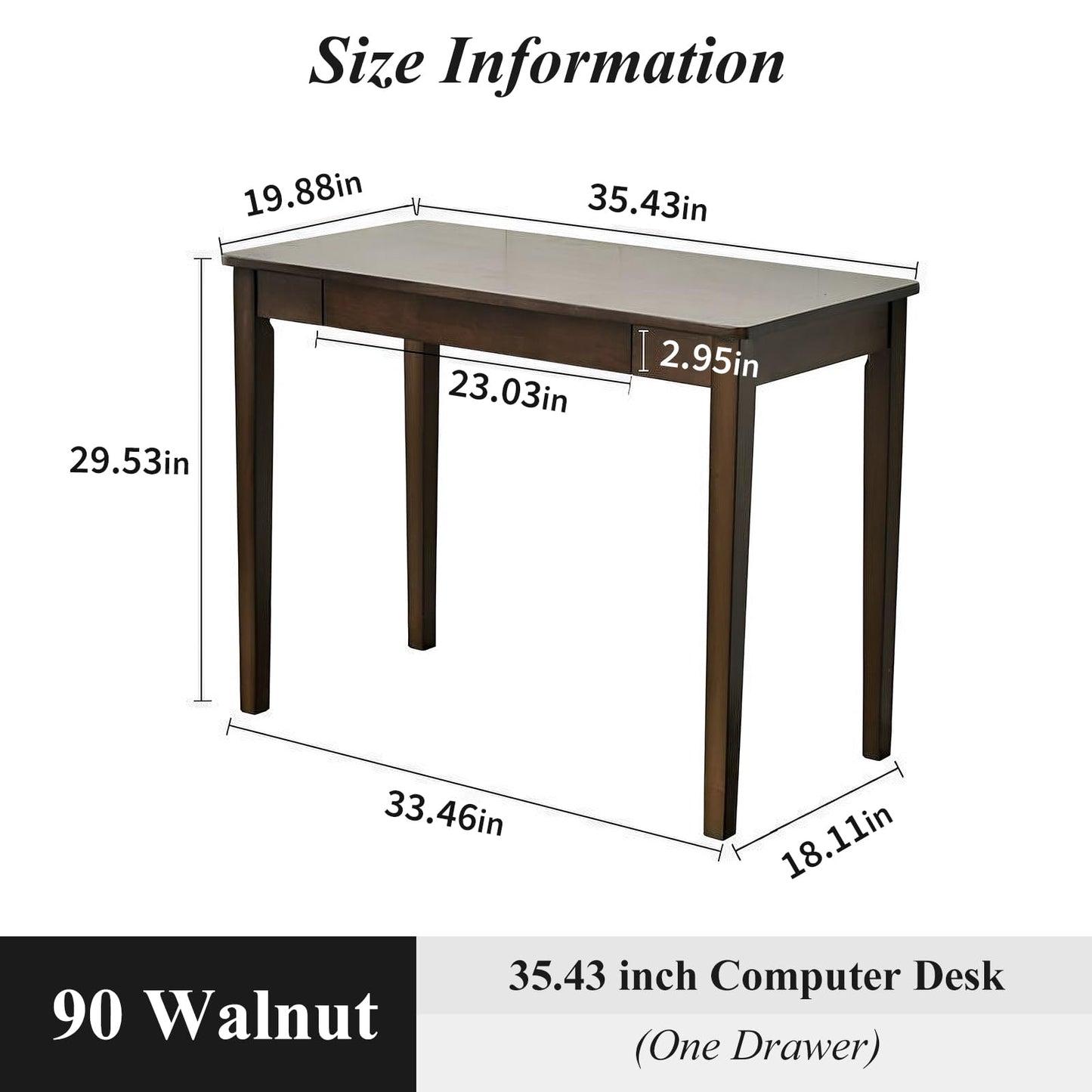 Cttasty Solid Wood Computer Desk with Drawers, Modern Writing Desk for Home Office, Mid Century Modern Desk, Oak Study Table, 35.4x19.9x29.5 inches (Single Drawer), Walnut