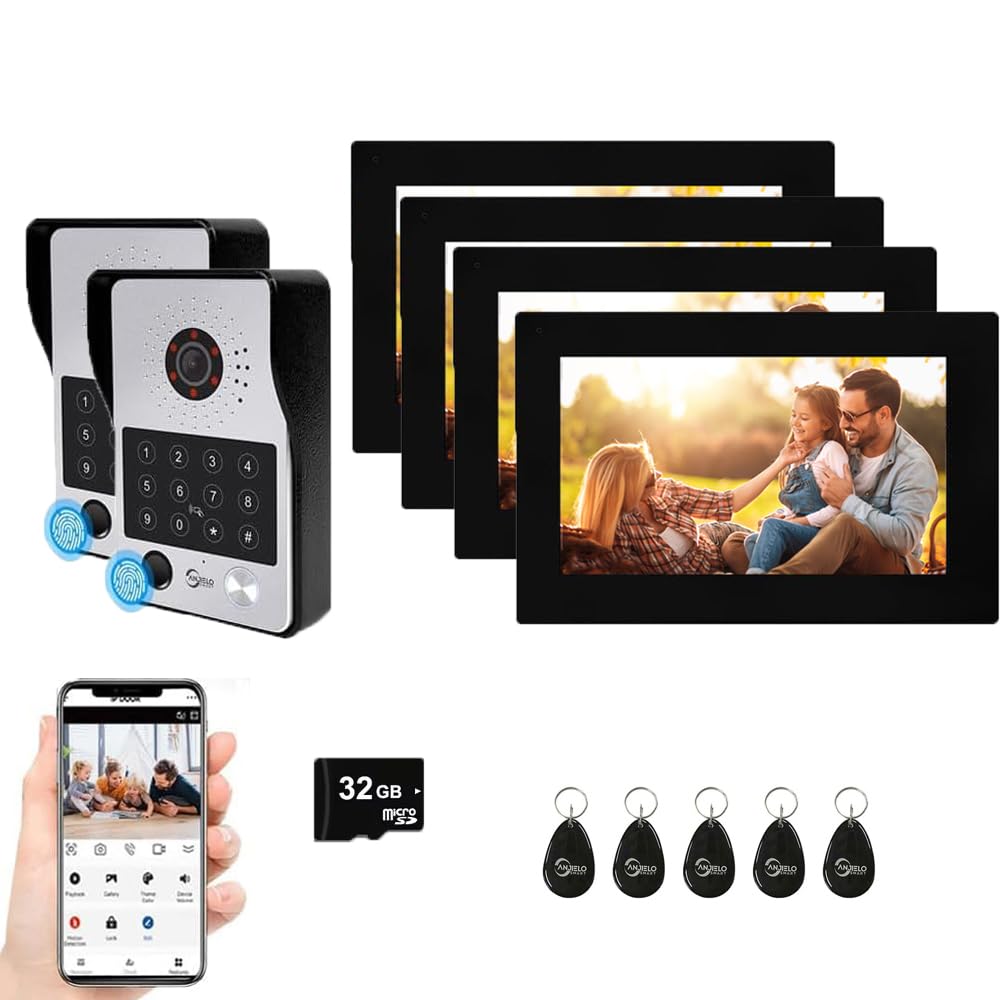 WiFi Wired Video Doorbell System,7 Inch High-Definition Monitor +Ring Camera,Remote/ID/Password/Fingerprints Unlock,Night Vision,Two-Way Intercom for Villa Home Apartment (2 Doorbell+4 Monitor)